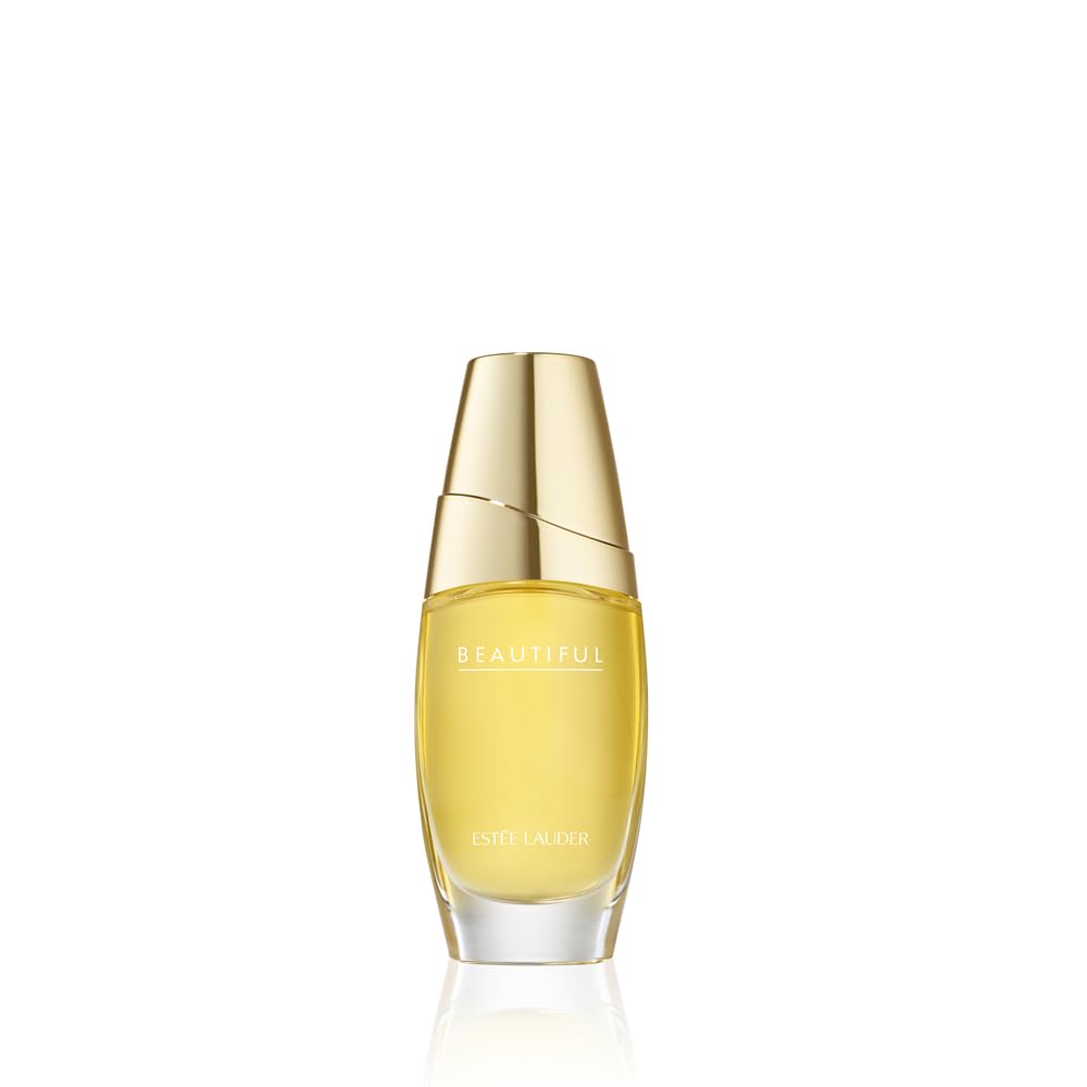 Estée Lauder Beautiful Eau de Parfum spray featuring rose, lily, tuberose, and orange flower notes on a clear perfume bottle.