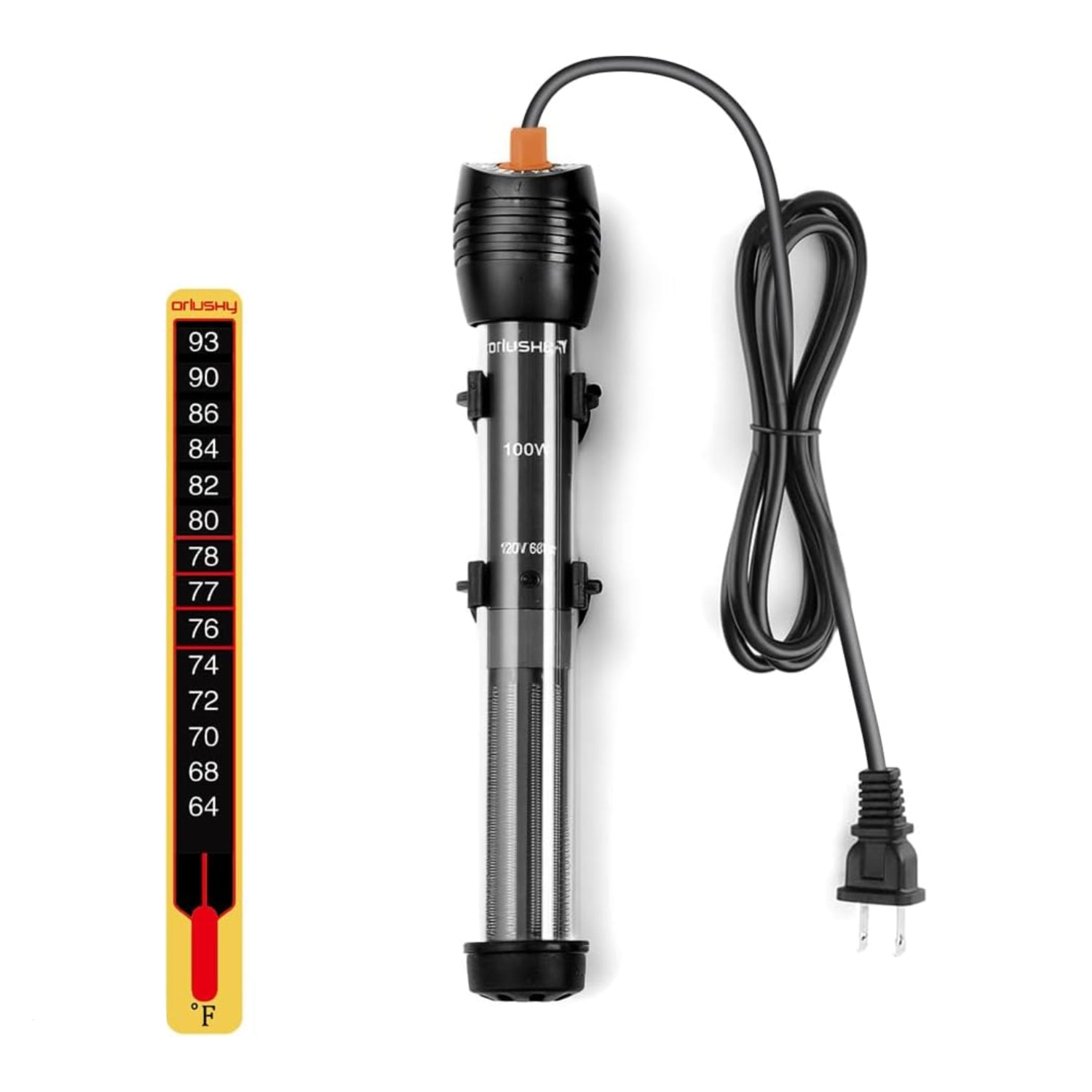 Orlushy 100W adjustable submersible aquarium heater with control knob, designed for maintaining warm water for fish tanks.