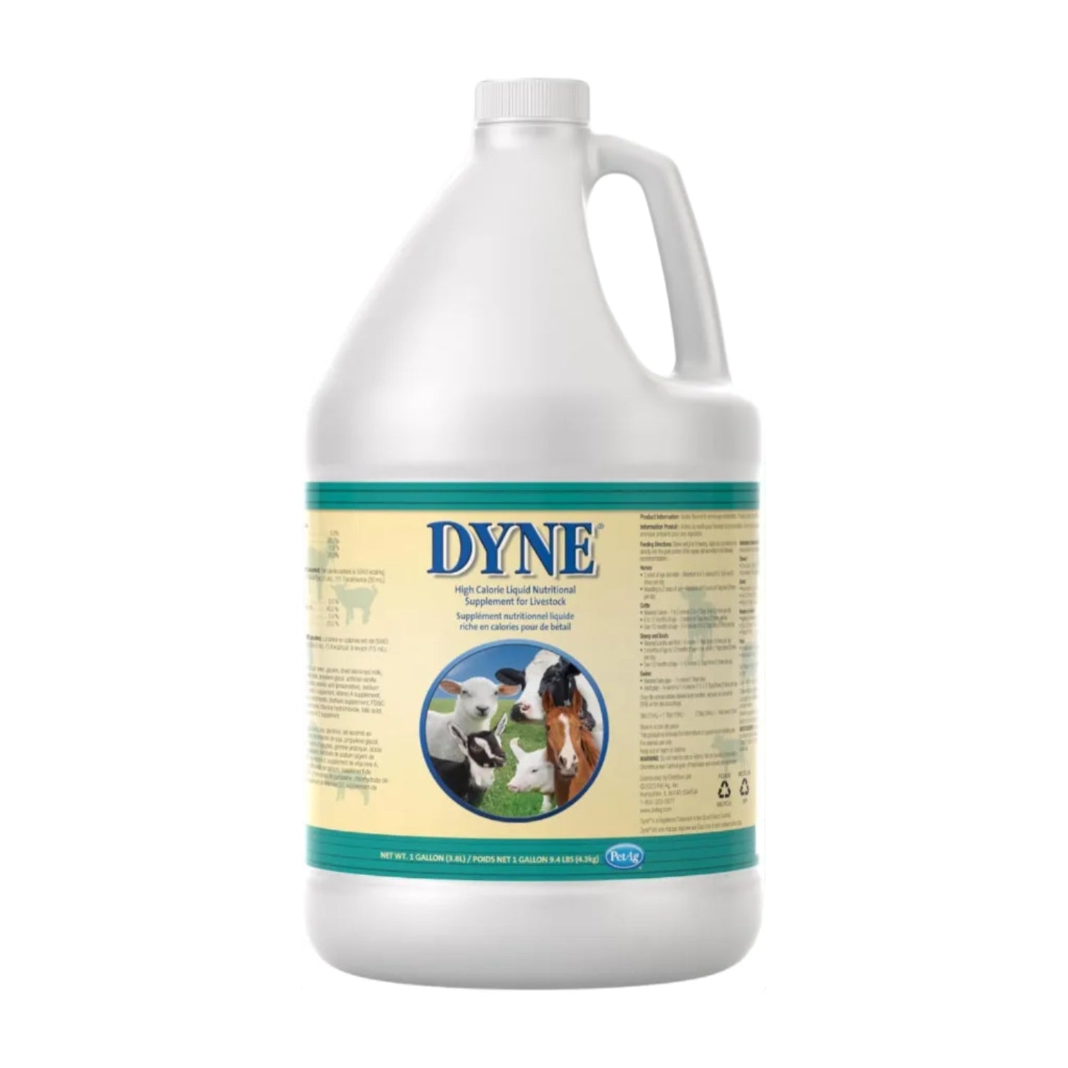 PetAg Dyne high calorie liquid nutritional supplement for livestock, showing a bottle of PetAg PetAg Dyne liquid supplement.