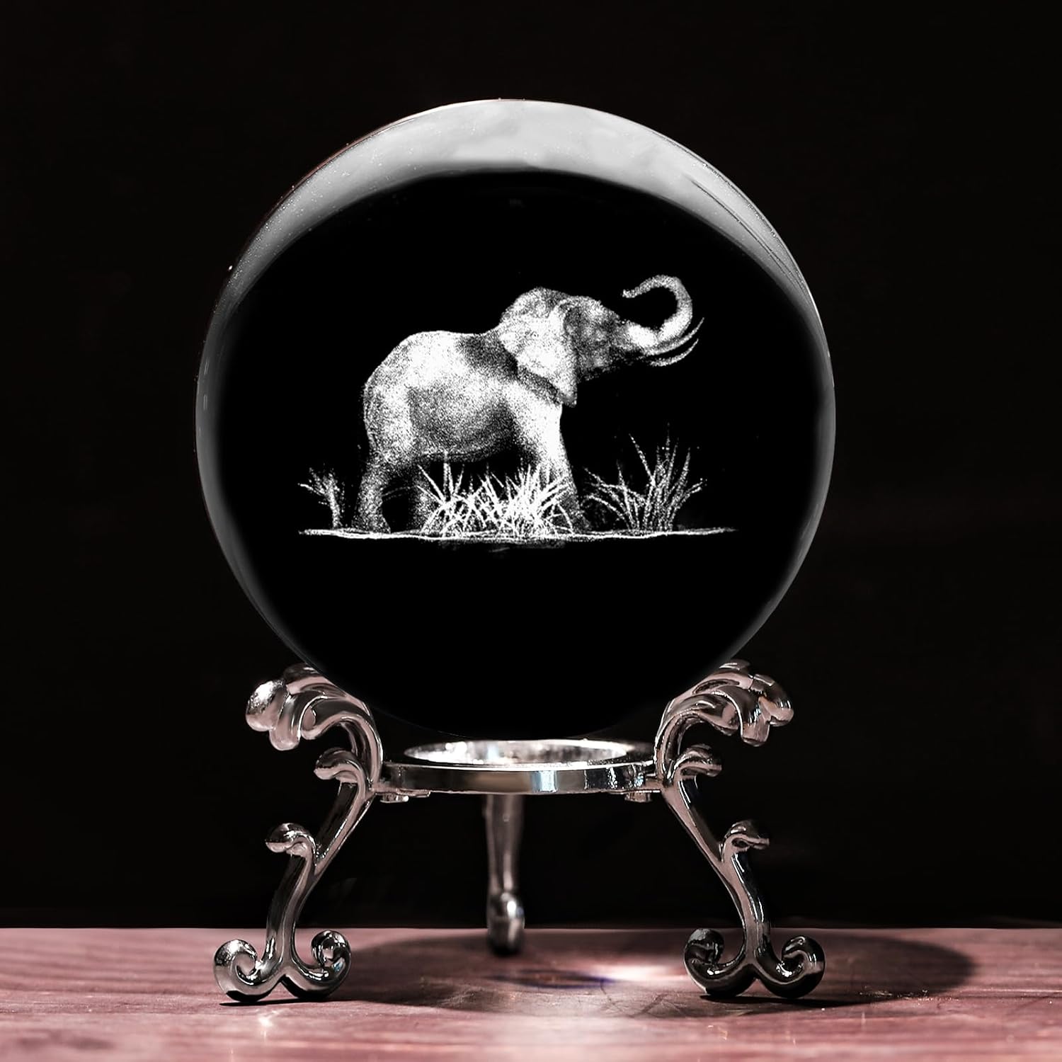 3D elephant crystal ball paperweight with stand, laser-engraved glass sphere, decorative elephant figurine by PYJ3DLAMP