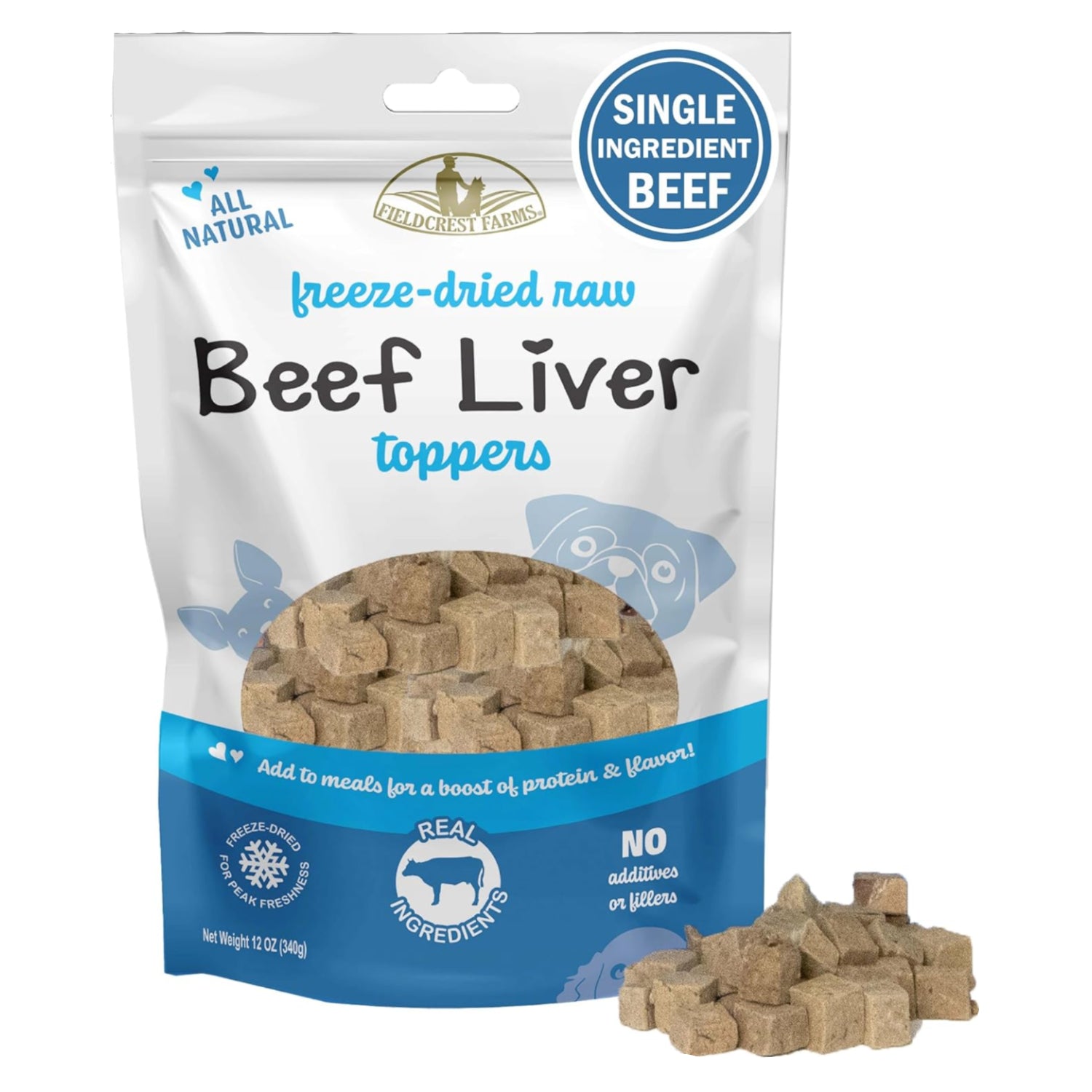 Fieldcrest Farms freeze-dried beef liver dog food topper or treat, 100% single ingredient beef liver, shown in the image.