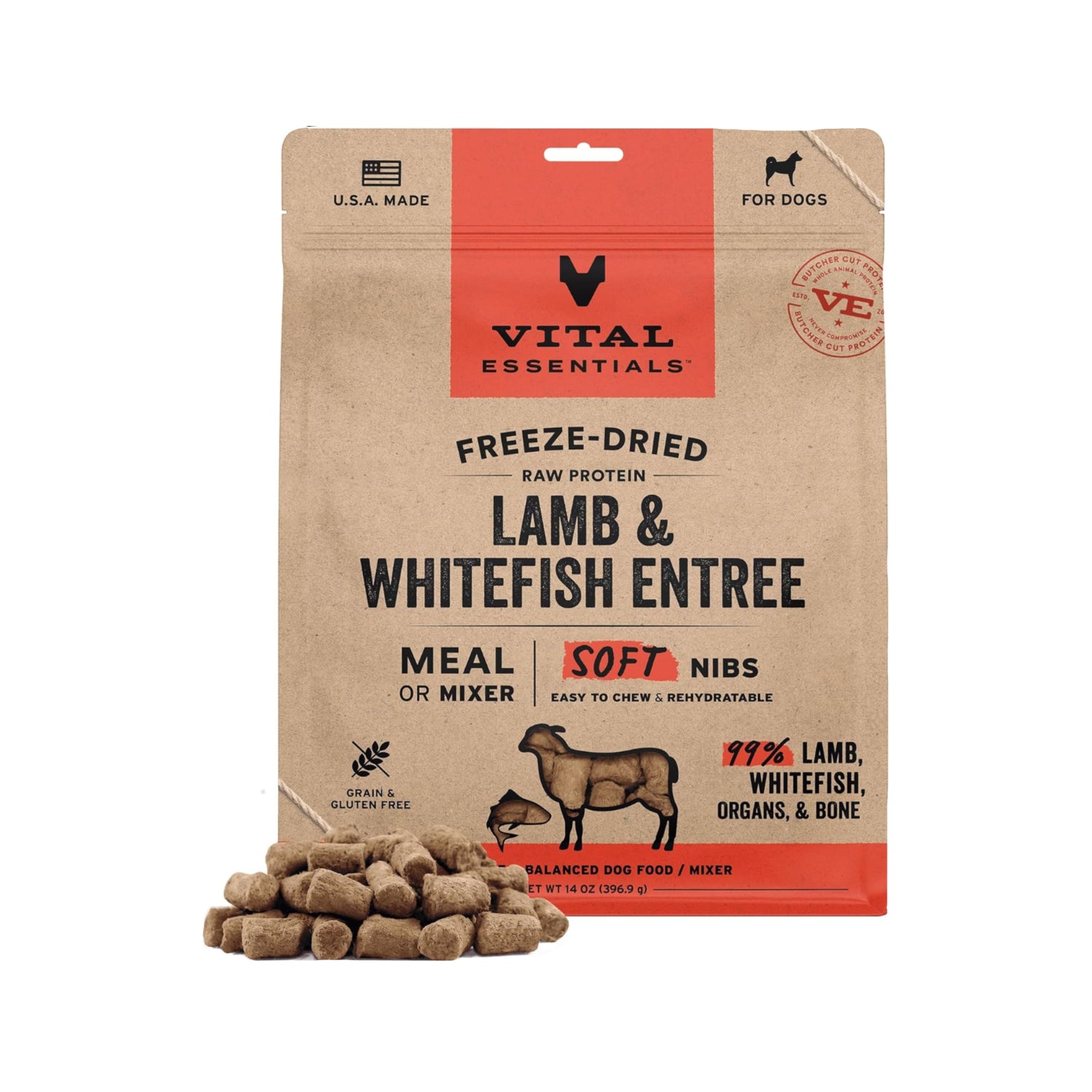 Vital Essentials Freeze Dried Dog Food with raw lamb and whitefish soft nibs in a clear resealable bag, showing the product inside.