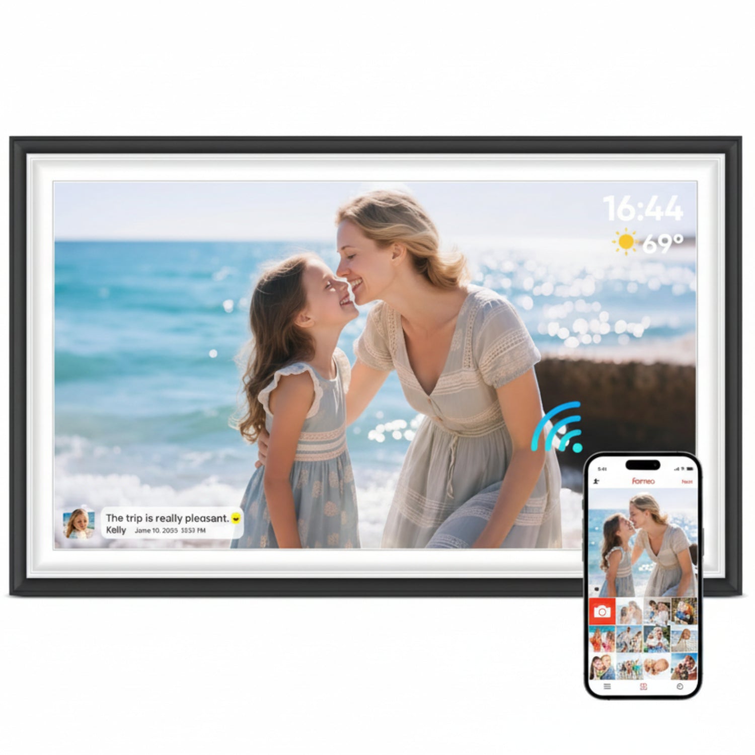 BIGASUO 15.6-inch WiFi digital picture frame displaying colorful photos in a modern black frame.
