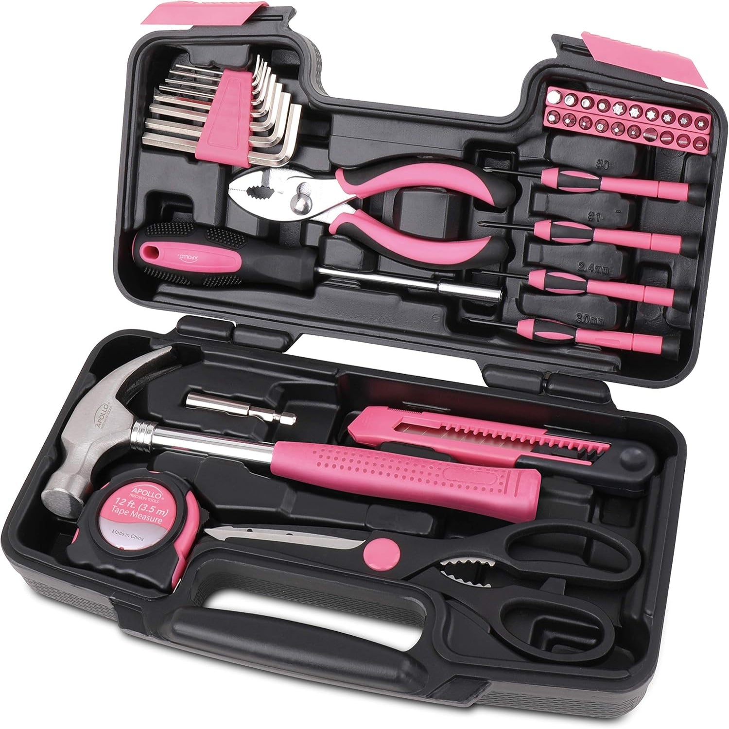 Apollo Tools 39-piece general household tool set with pliers, screwdrivers, and wrenches in a durable toolbox, ideal for home repairs.