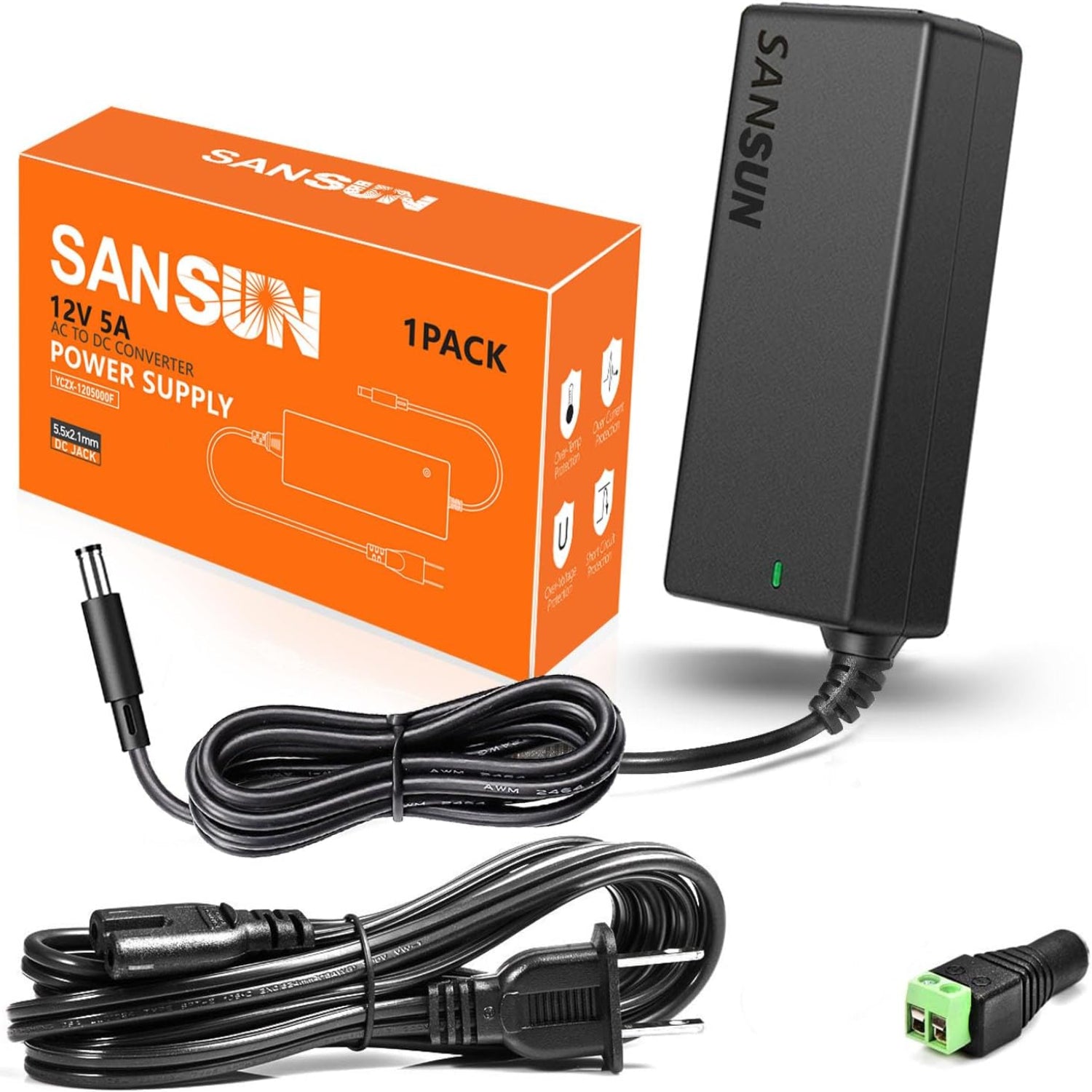 12V 5A Power Supply, AC 120V to DC12V 5.5x2.1mm Jack Converter, 12 Volt LED Driver 60W Adapter