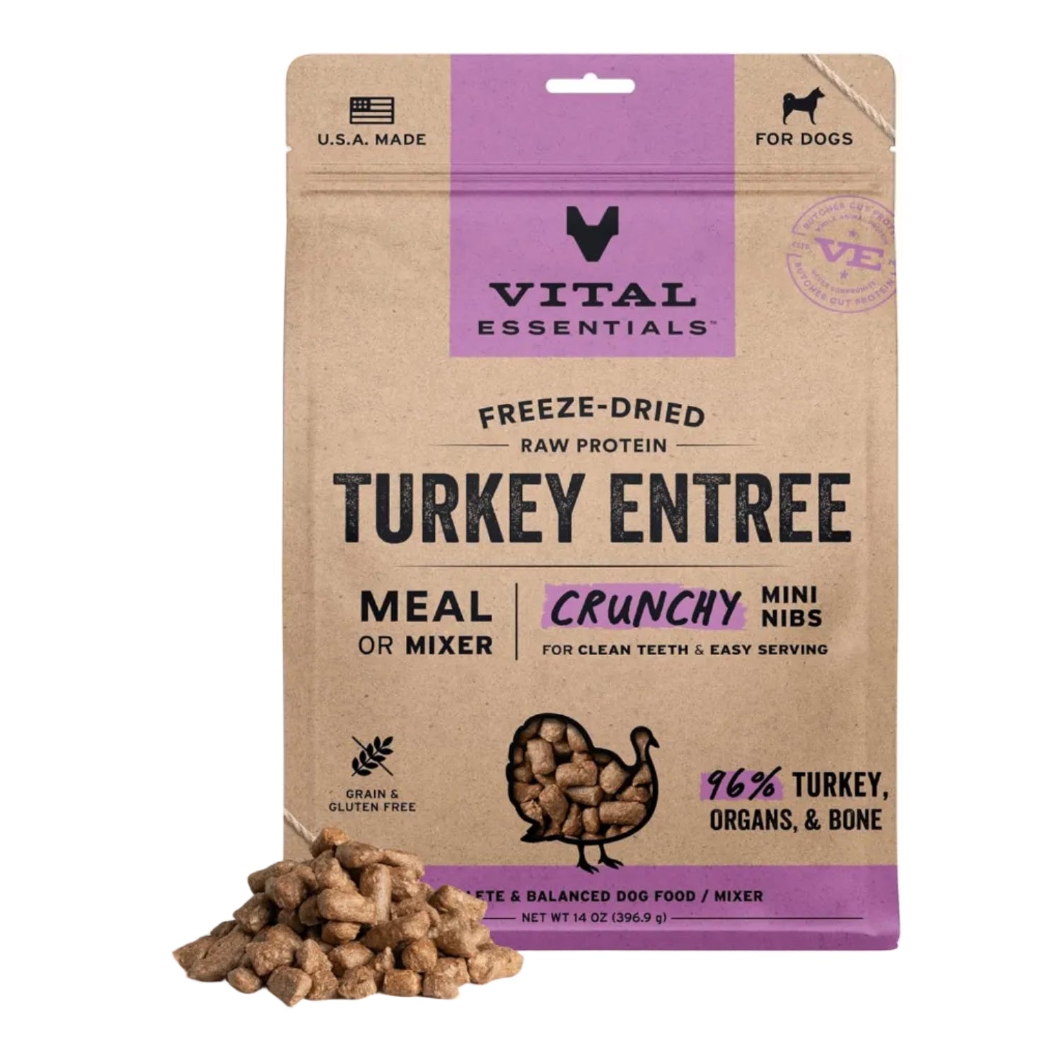 Vital Essentials freeze-dried dog food with raw turkey mini nibs in a 14 oz bag, showing the crunchy dog food pieces.