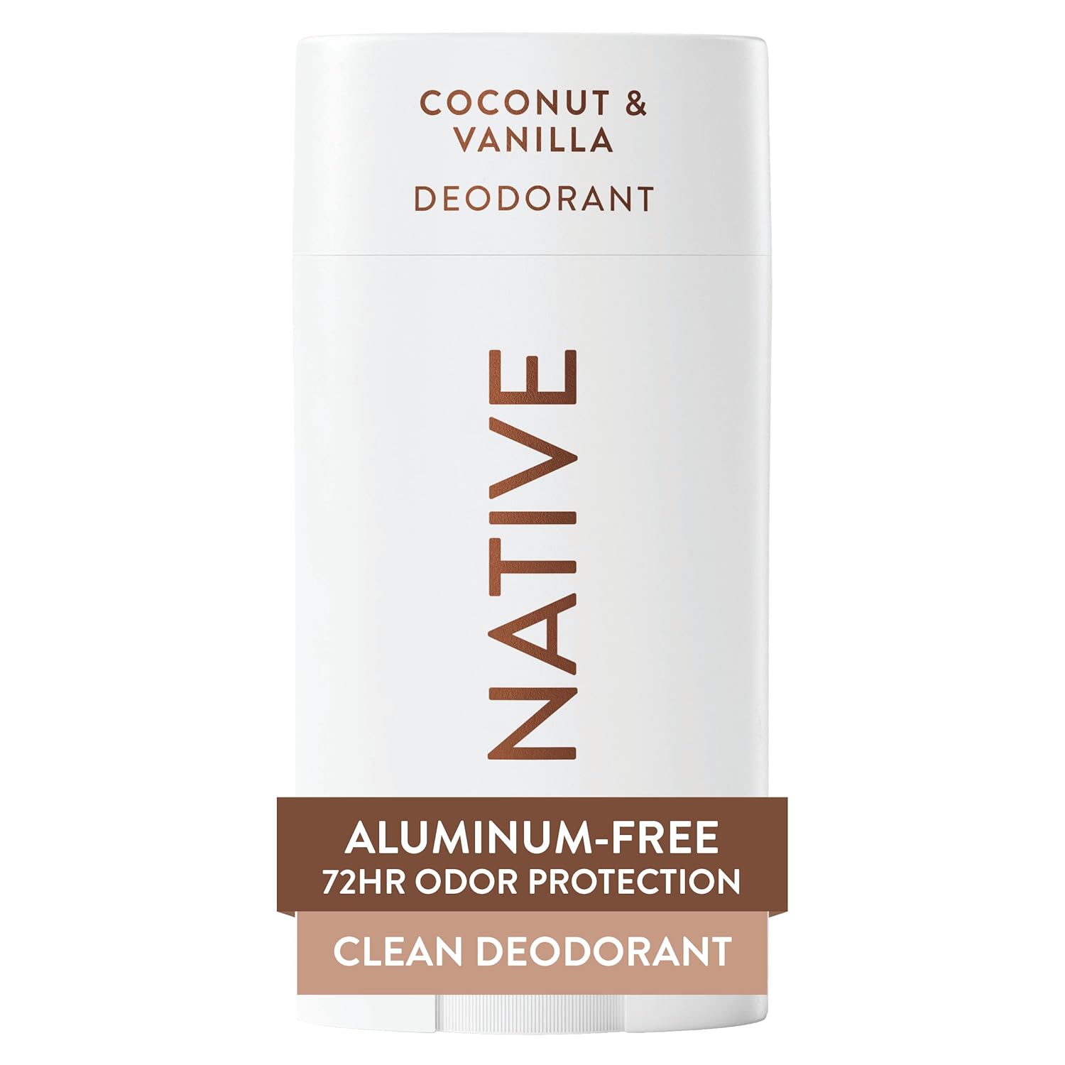 Native coconut and vanilla deodorant stick on a white background