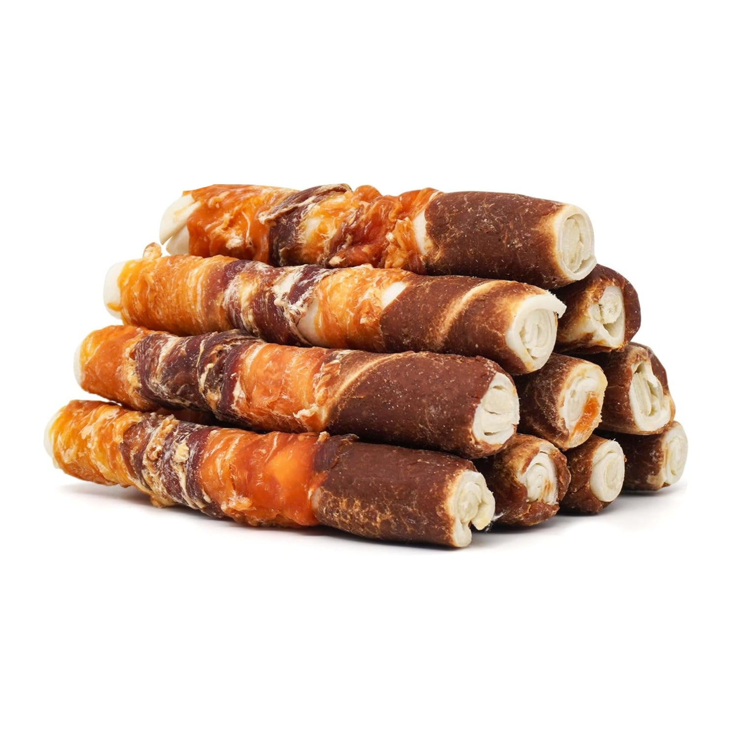 MON2SUN dog treats, triple flavor chicken liver, duck, and chicken wrapped in a 6-inch chew, shown in the image.