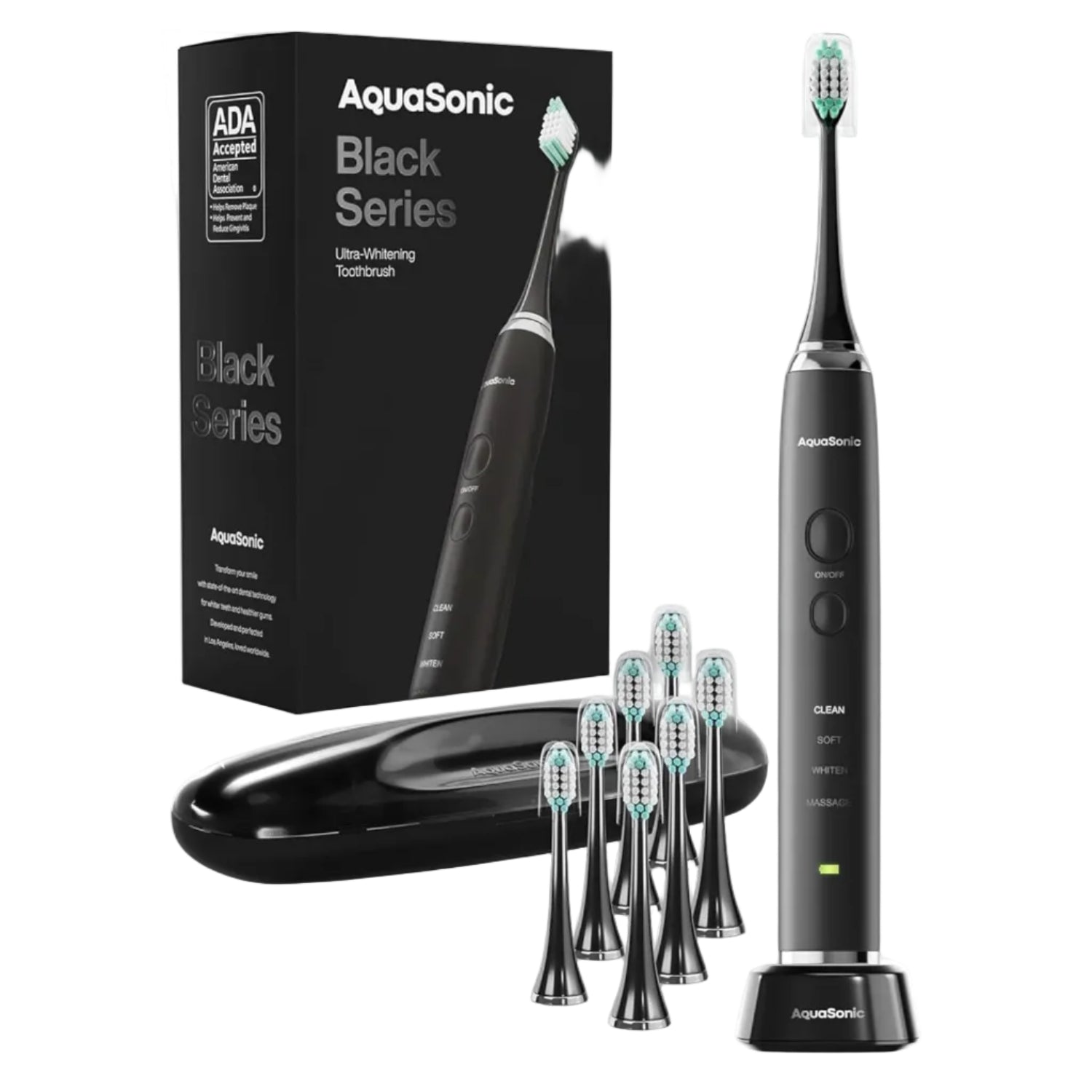 AquaSonic black series electric toothbrush set with packaging, brush head, and charging base on a white background.
