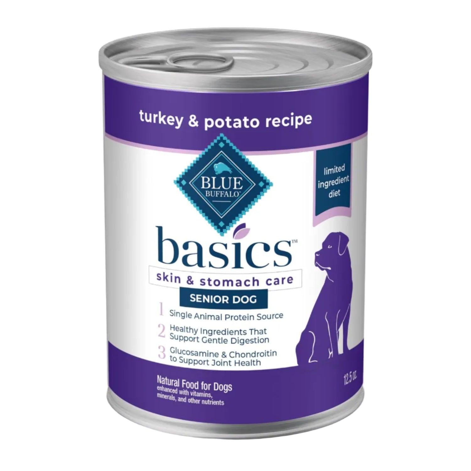 Blue Buffalo Basics grain-free senior wet dog food with skin and stomach care, featuring a can of Blue Buffalo dog food on a white background.