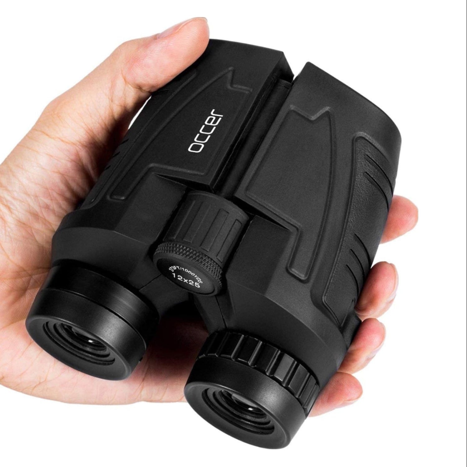 Occer 12x25 compact binoculars for adults and kids with large eyepiece, black plastic body, and adjustable focusing.