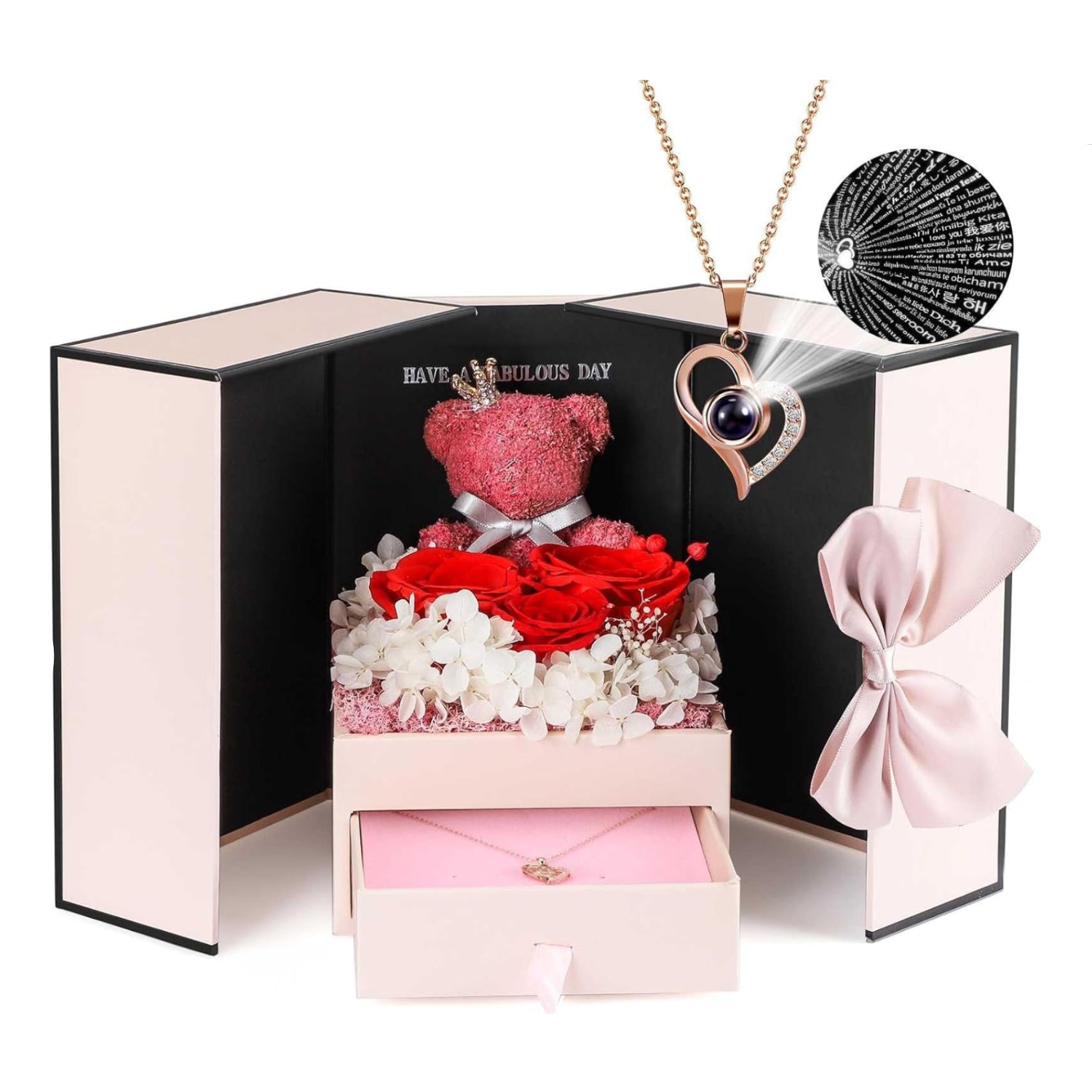 ADDWel Preserved Real Rose with I Love You Necklace in 100 Languages, Eternal Red Rose