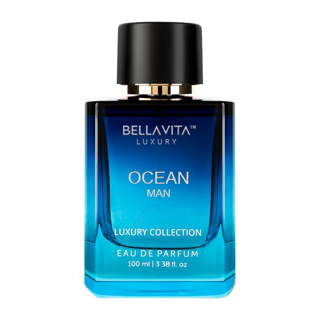 BellaVita Luxury Ocean Eau de Perfume for Men in 100ml bottle, featuring fresh aquatic notes of bergamot, orchid, and jasmine.