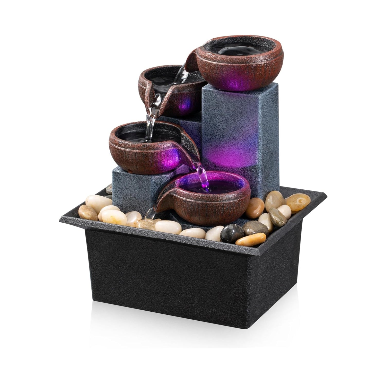 Small AMOOTEK tabletop fountain with four-tier waterfall, indoor water feature for relaxing home decor with flowing water and natural design.