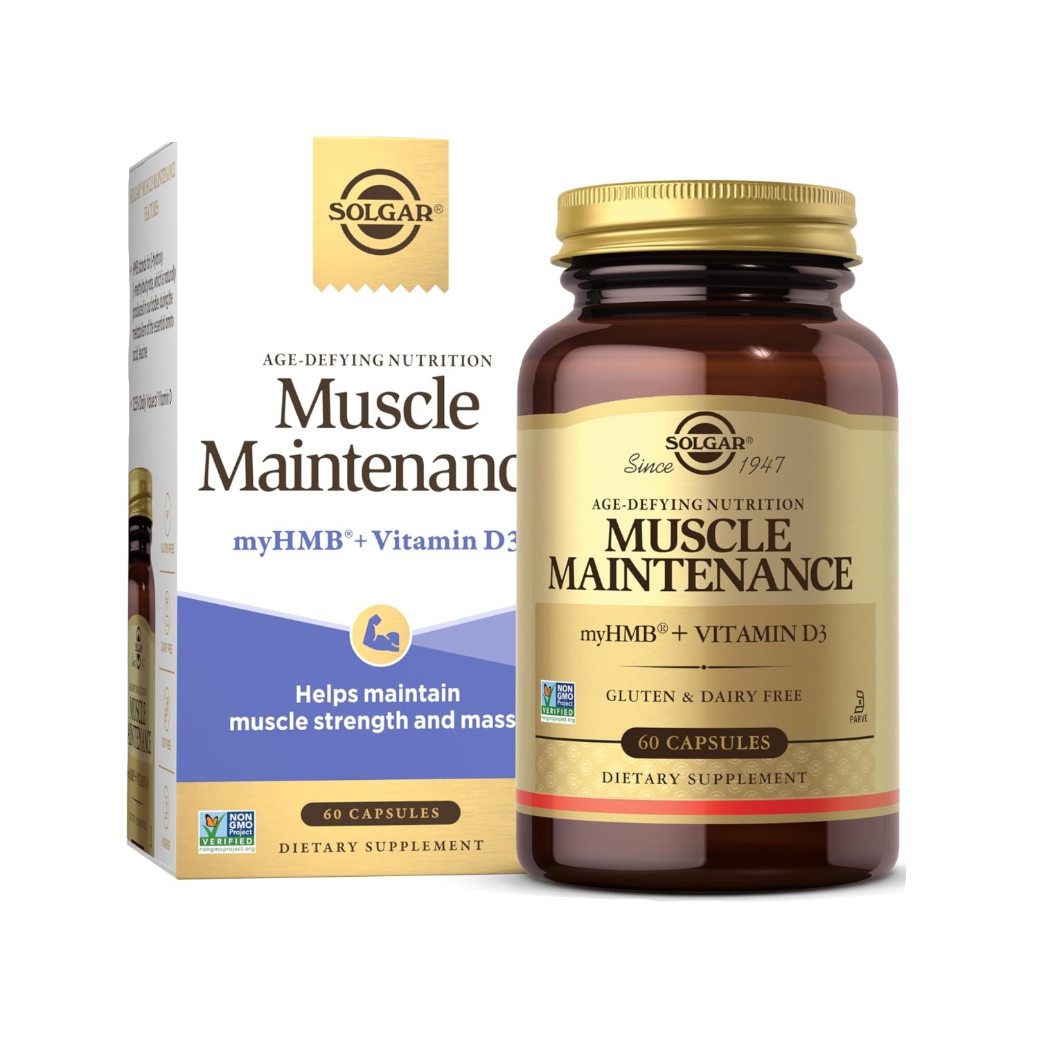 SOLGAR Muscle Maintenance supplement bottle and packaging on a white background