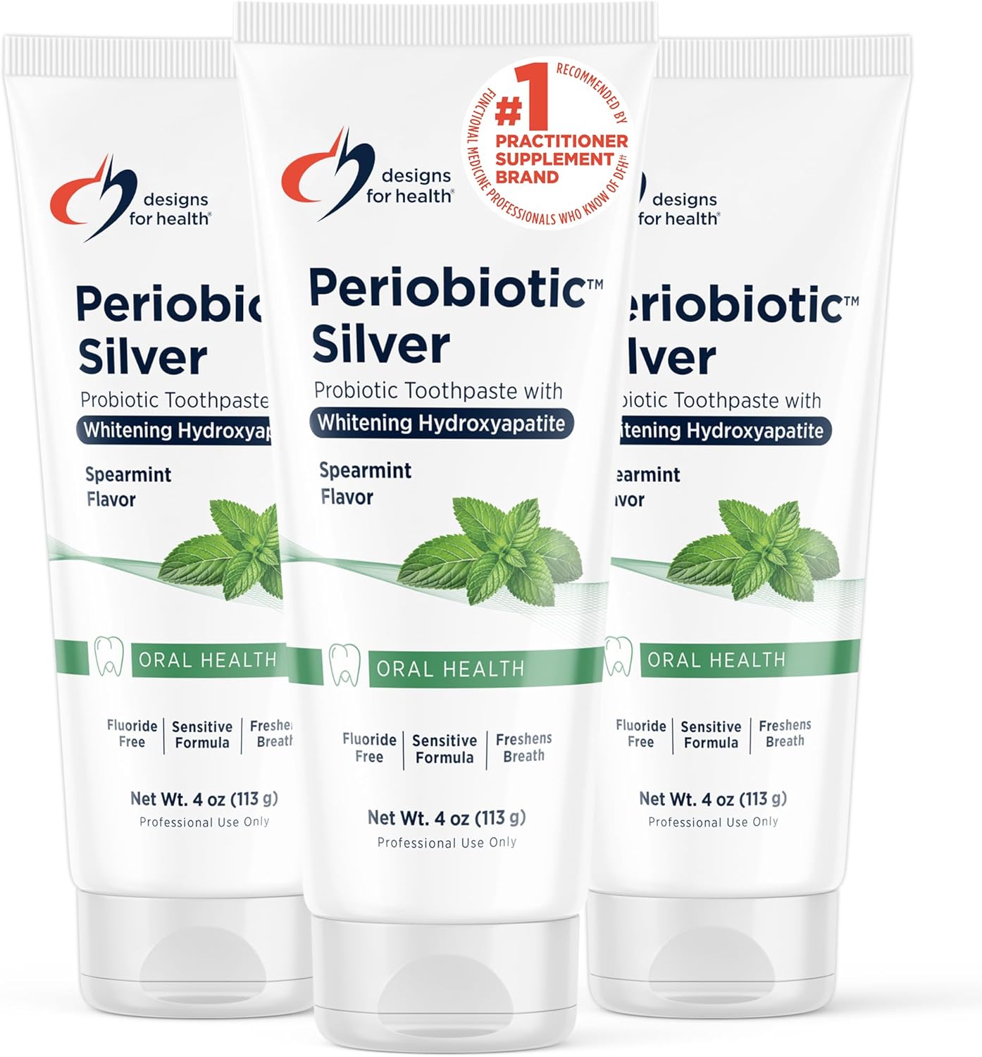 Designs for Health PerioBiotic Silver Hydroxyapatite fluoride-free toothpaste tube with a clean label and mint flavor.