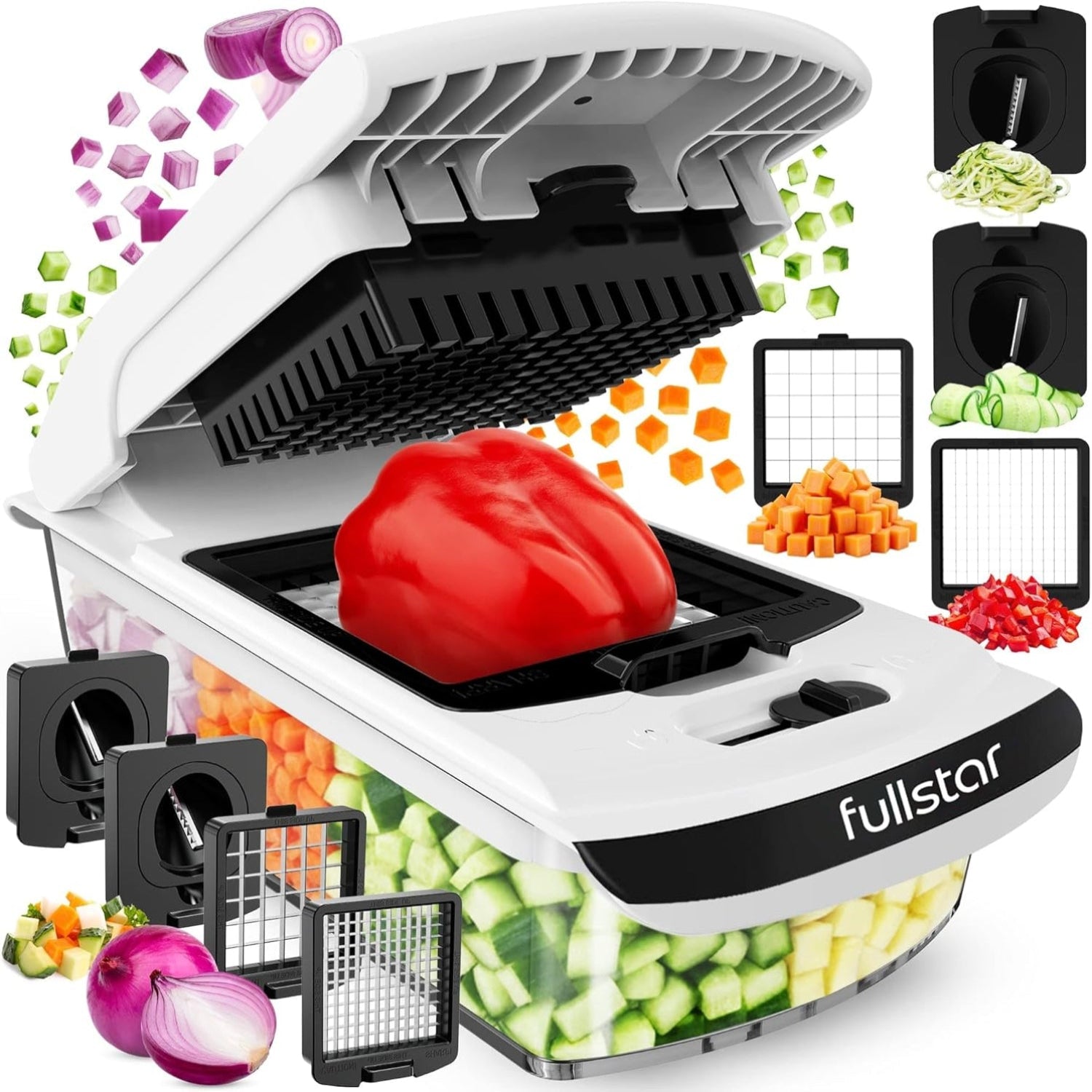 Vegetable chopper with various attachments and chopped vegetables on a white background
