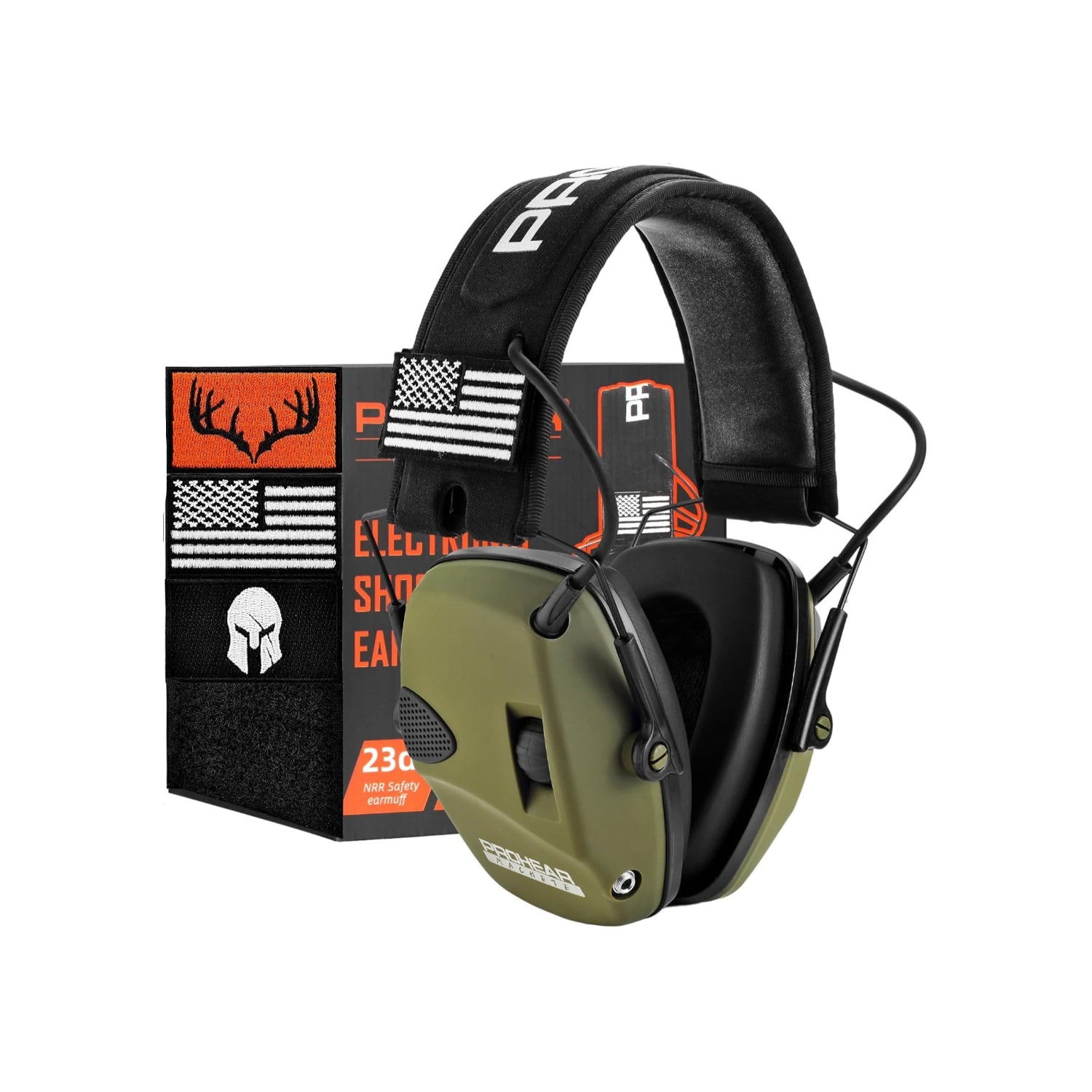 PROHEAR electronic ear protection for shooting with 4X sound amplification, showing black ear muffs with control buttons