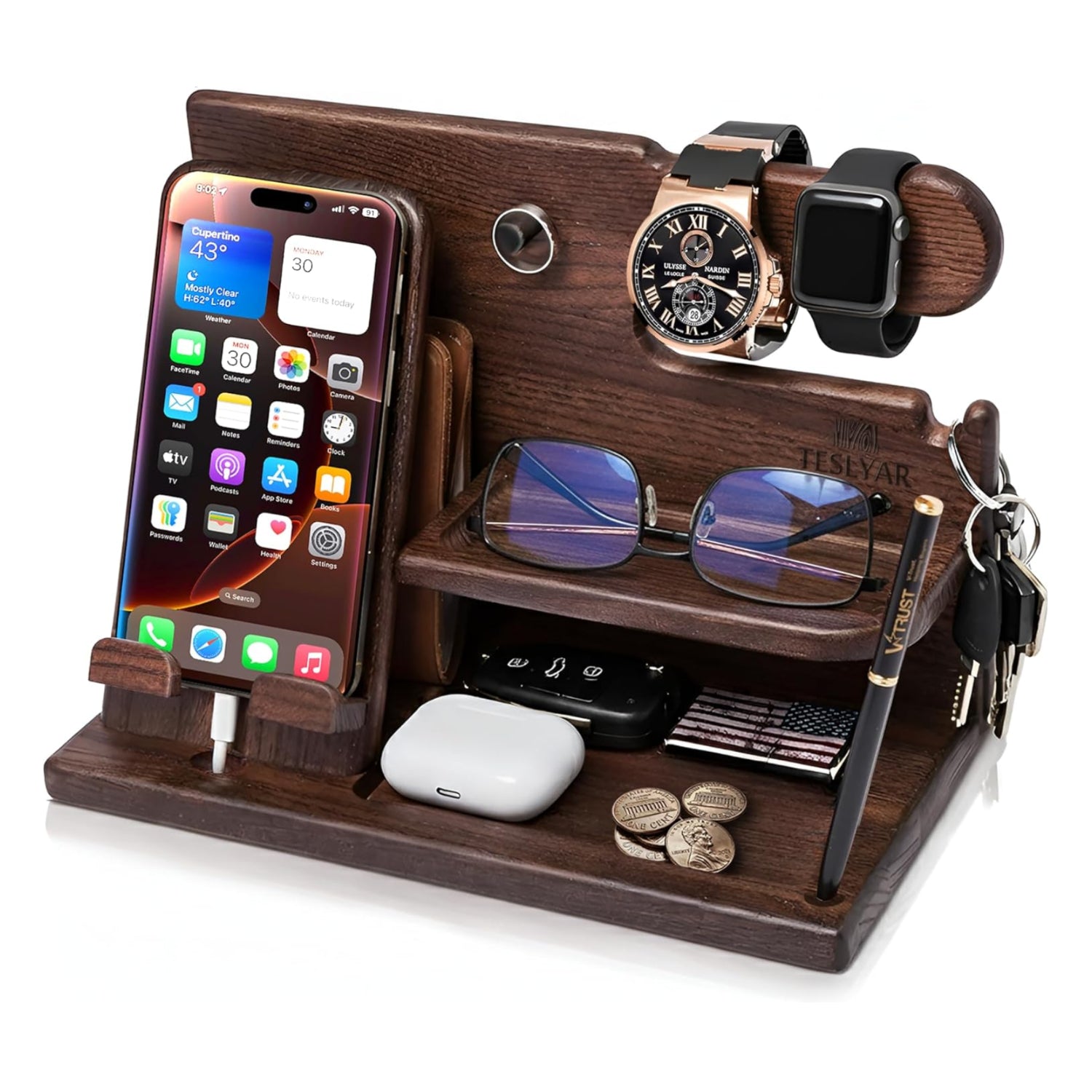 TESLYAR Wood Phone Docking Station for Men - Desk or Nightstand Organizer - Birthday Gifts)