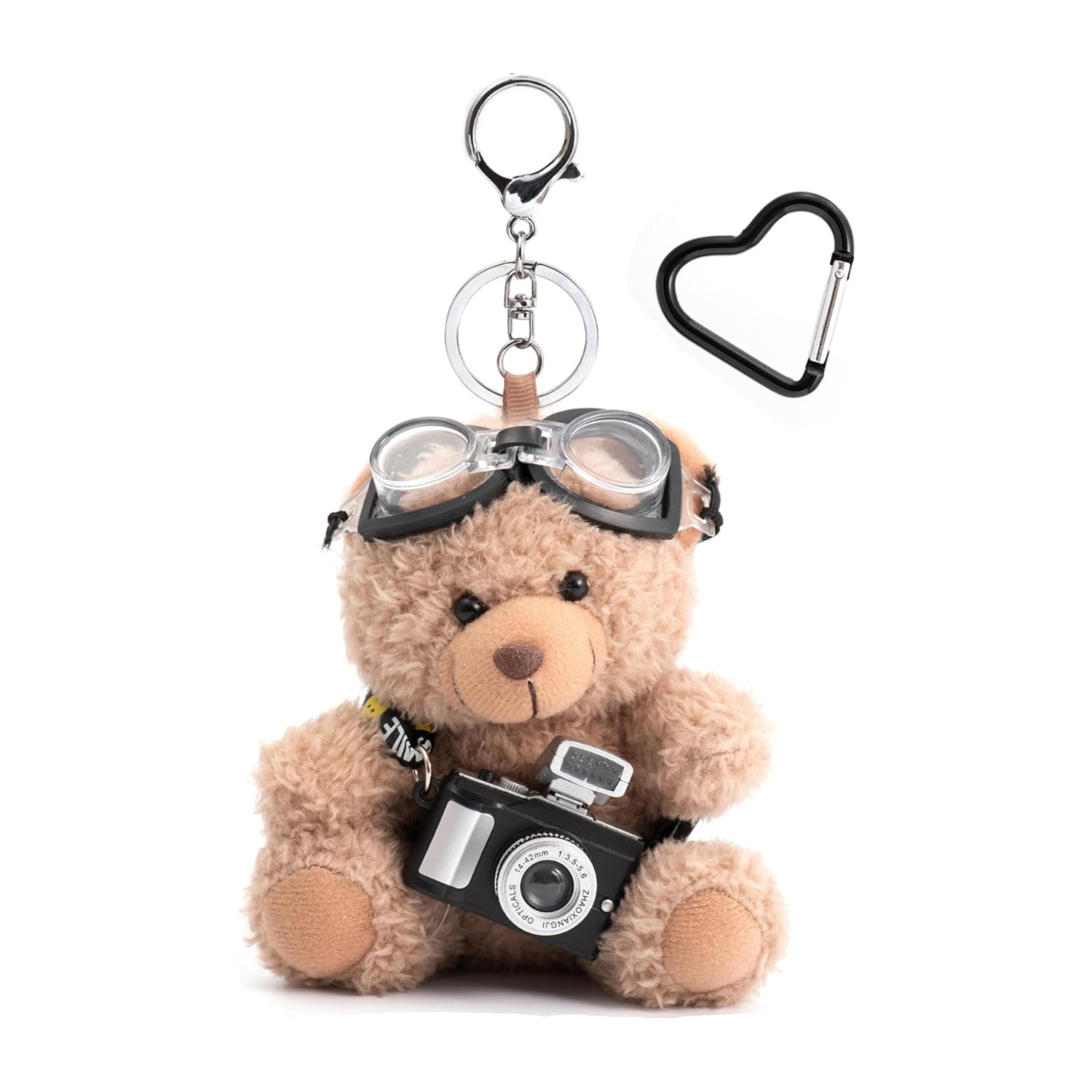 Teddy bear keychain with camera and goggles on a white background