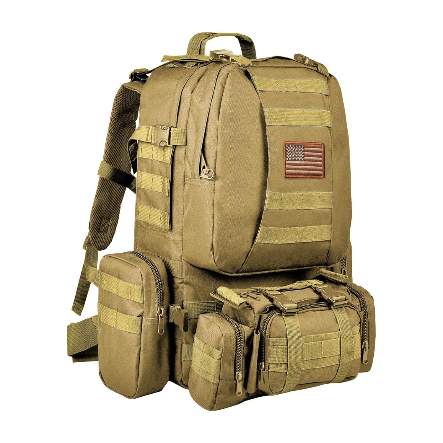 Tan tactical backpack with American flag patch on a white background