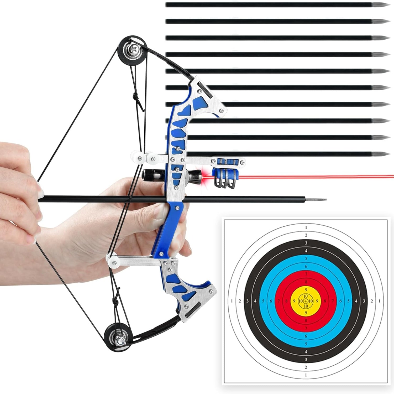 Hand holding a blue and silver archery bow with arrows and a target on a white background