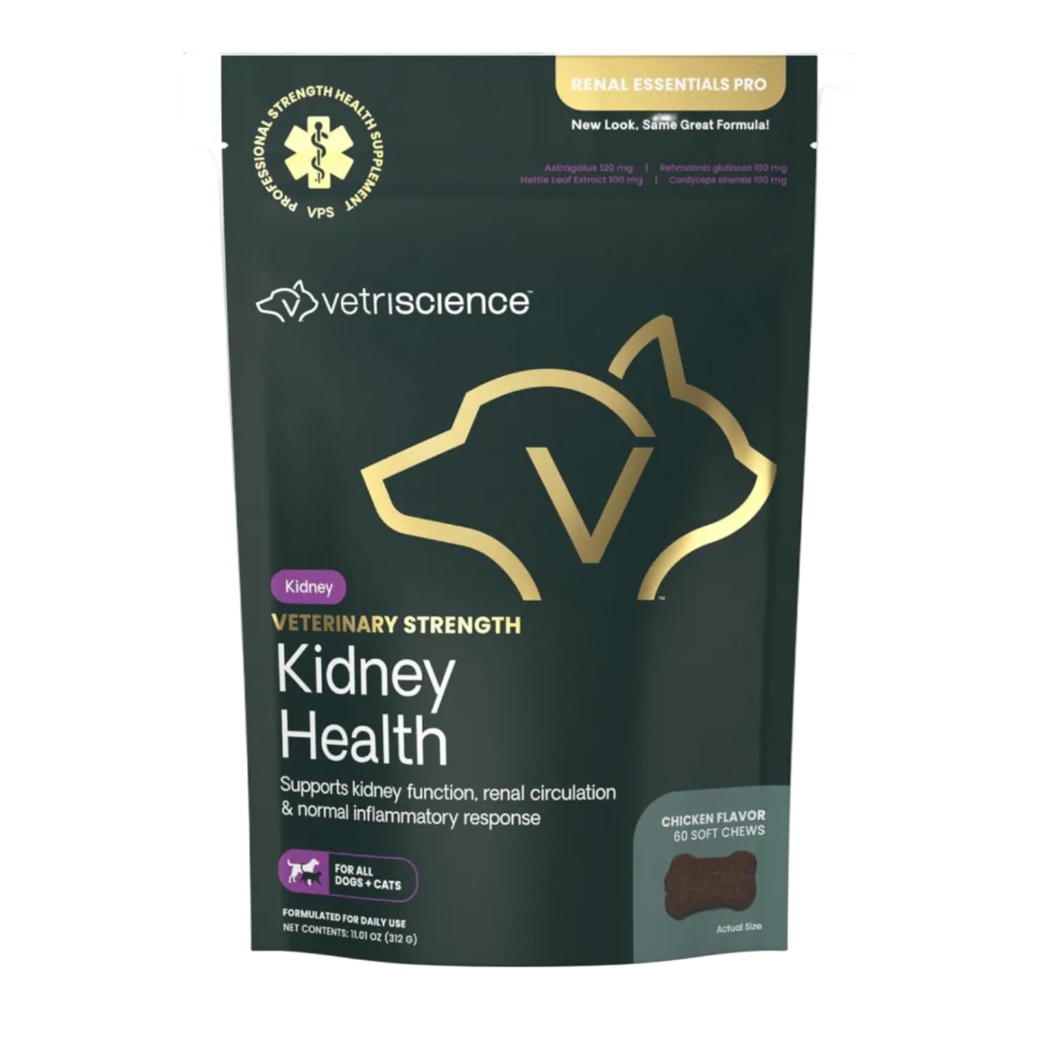 Vetriscience Veterinary Strength Kidney Health Chews for pets, featuring balanced formula with natural ingredients in a chewable supplement.