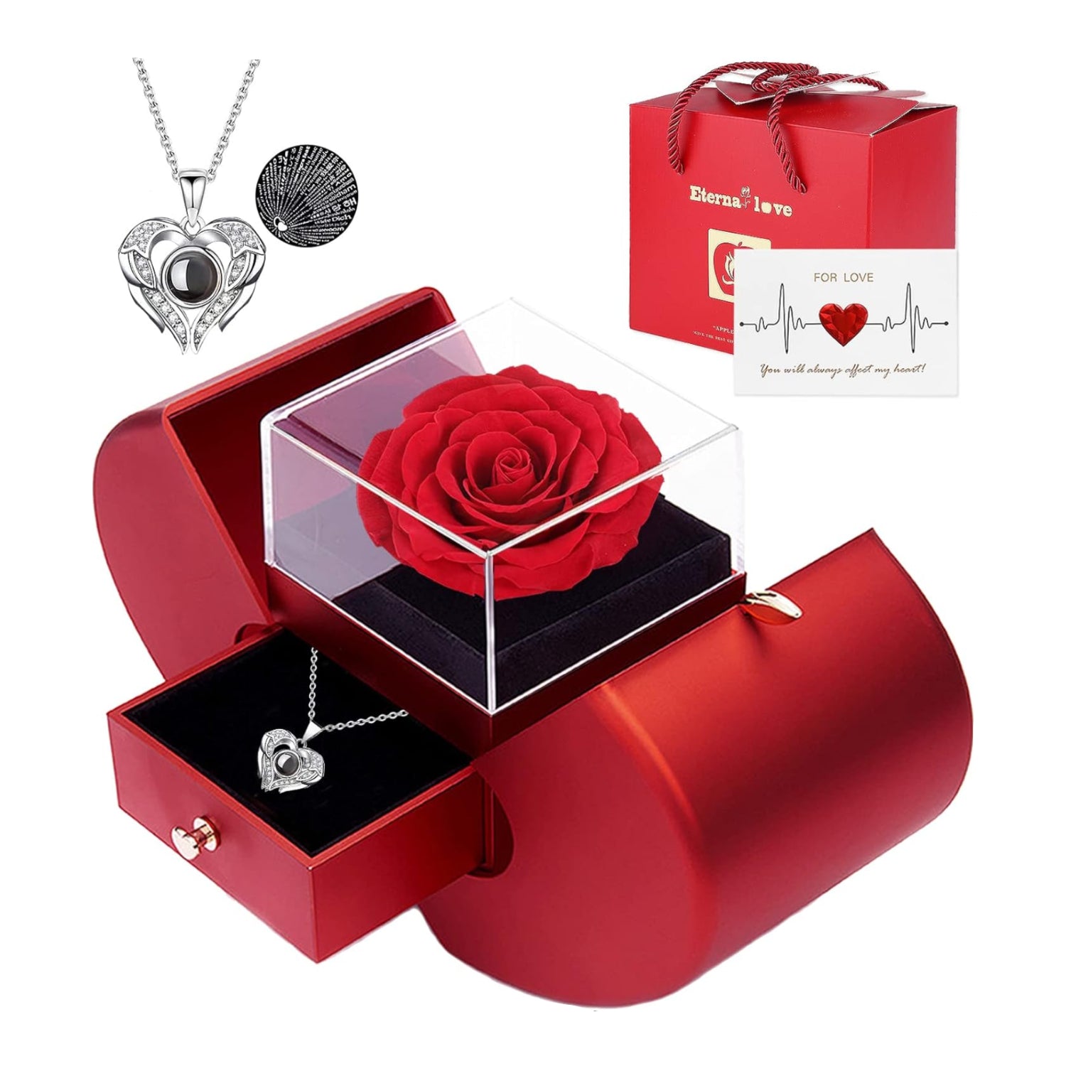 Preserved real rose with "I love you" necklace in 100 languages, romantic gift for girlfriend by Moshen.