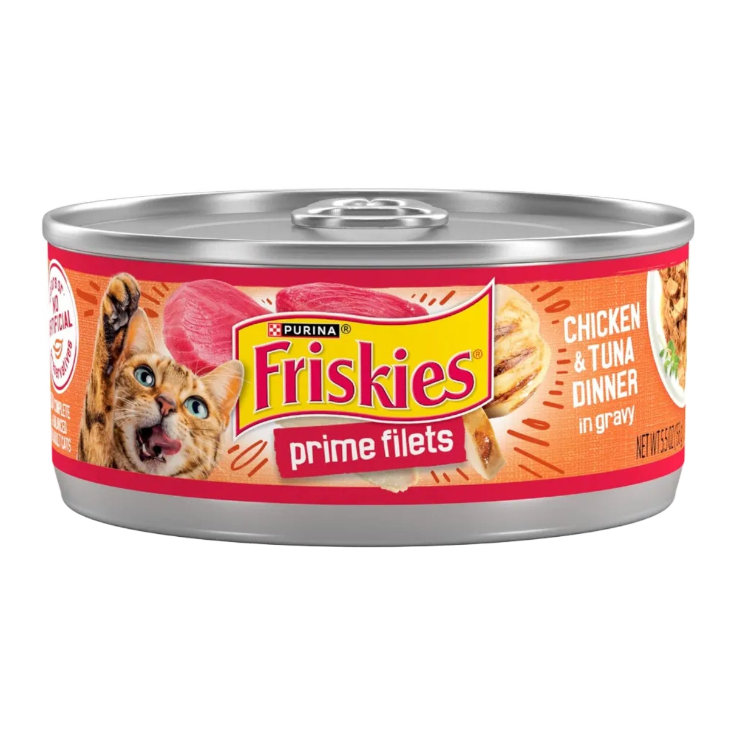 Canned Friskies Prime Filets chicken and tuna dinner in gravy for cats, showing the wet cat food with chunks of meat in a bowl