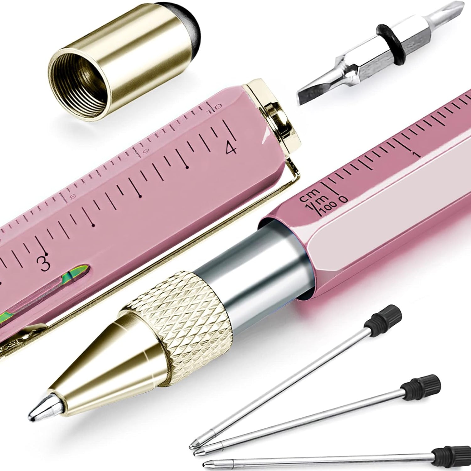 Pink pen with gold accents, ruler, and multiple tips on a white background
