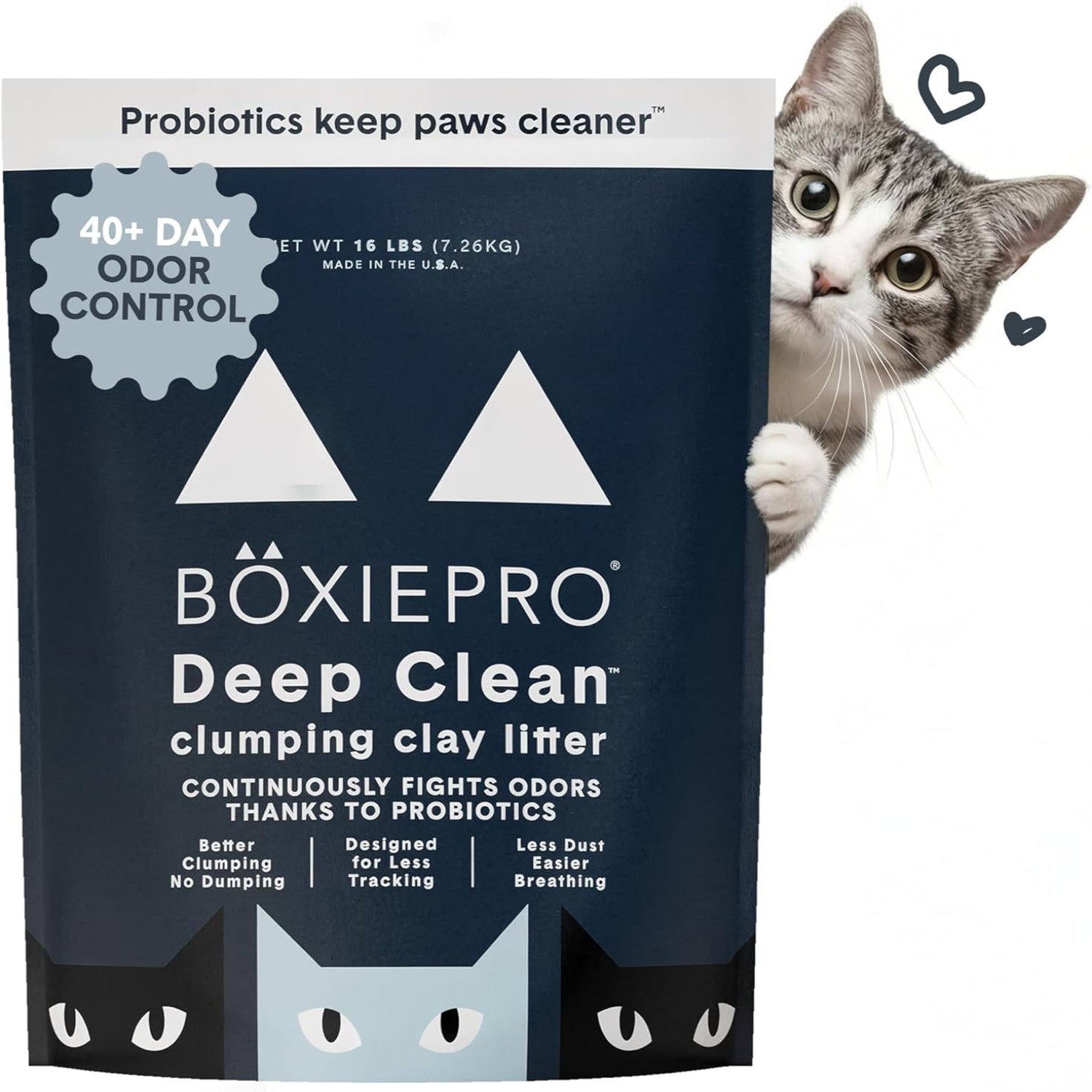 BoxiePro probiotic cat litter in a 16 lb bag, dust-free, odor-eliminating clumping clay litter with probiotics and no fragrances or fillers.