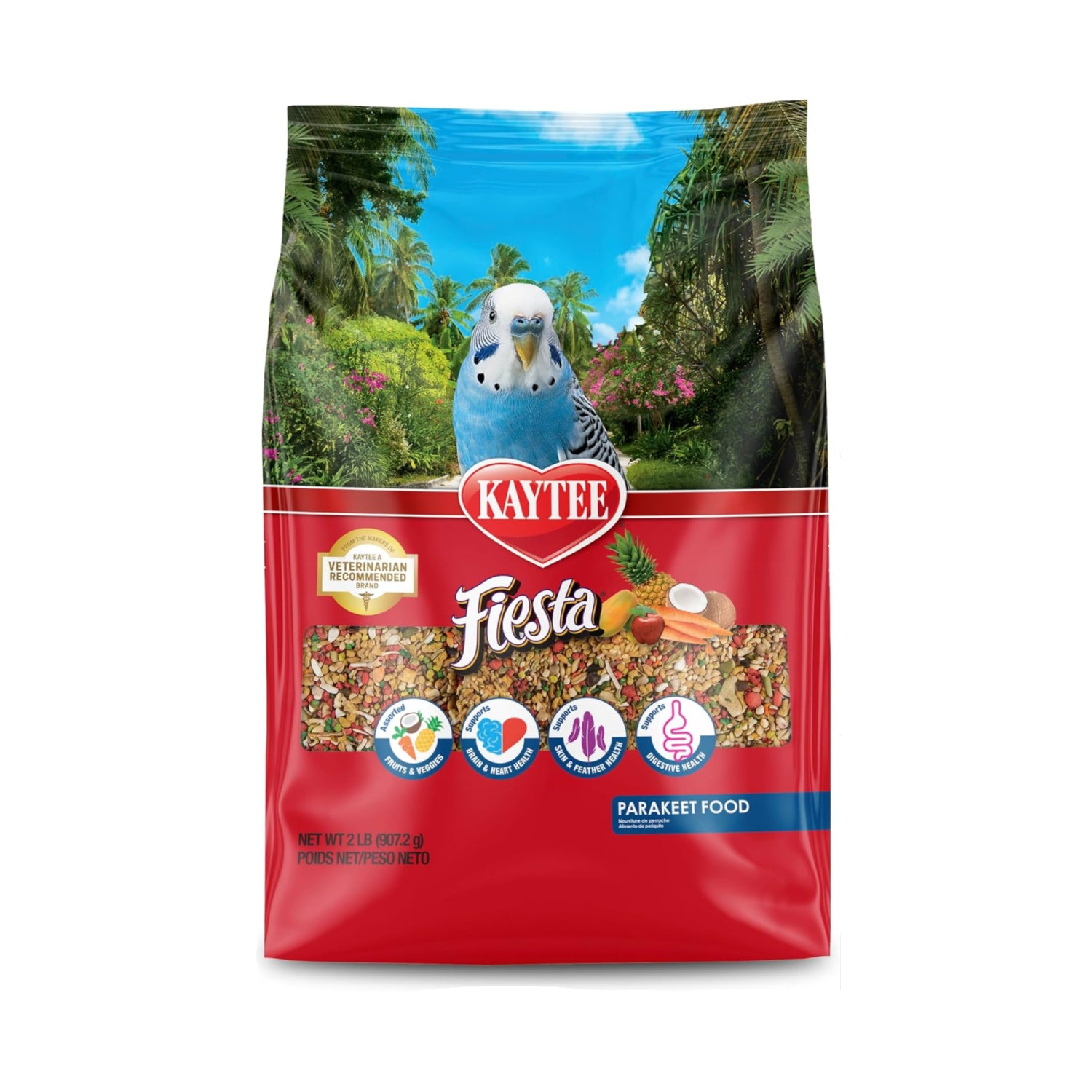 Kaytee Fiesta Parakeet Food blend with seeds and grains, supporting parakeet skin and feather health, shown in a colorful package.