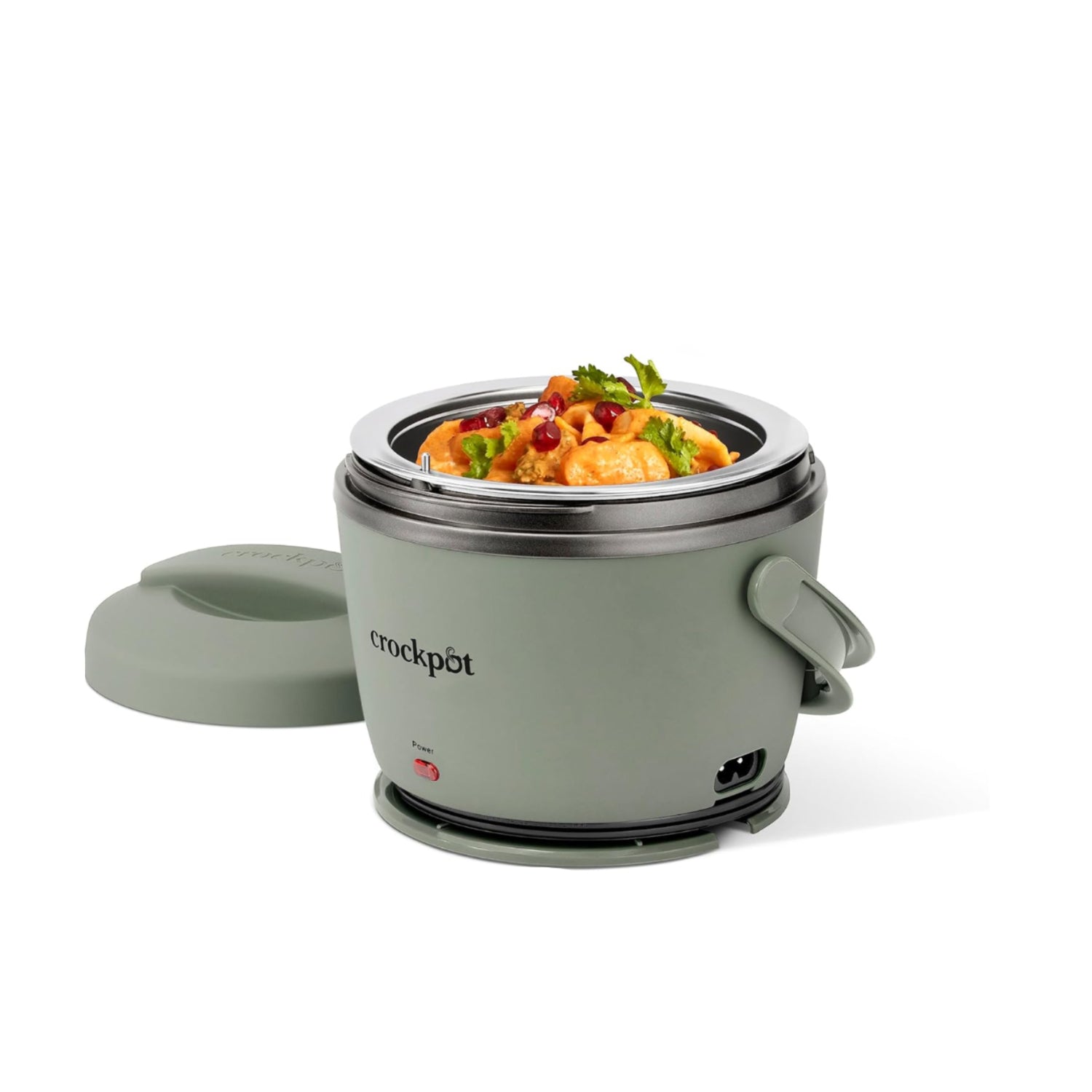 Crock-Pot portable electric lunch box in moonshine green with 20-ounce food warmer, compact design, and digital control panel.