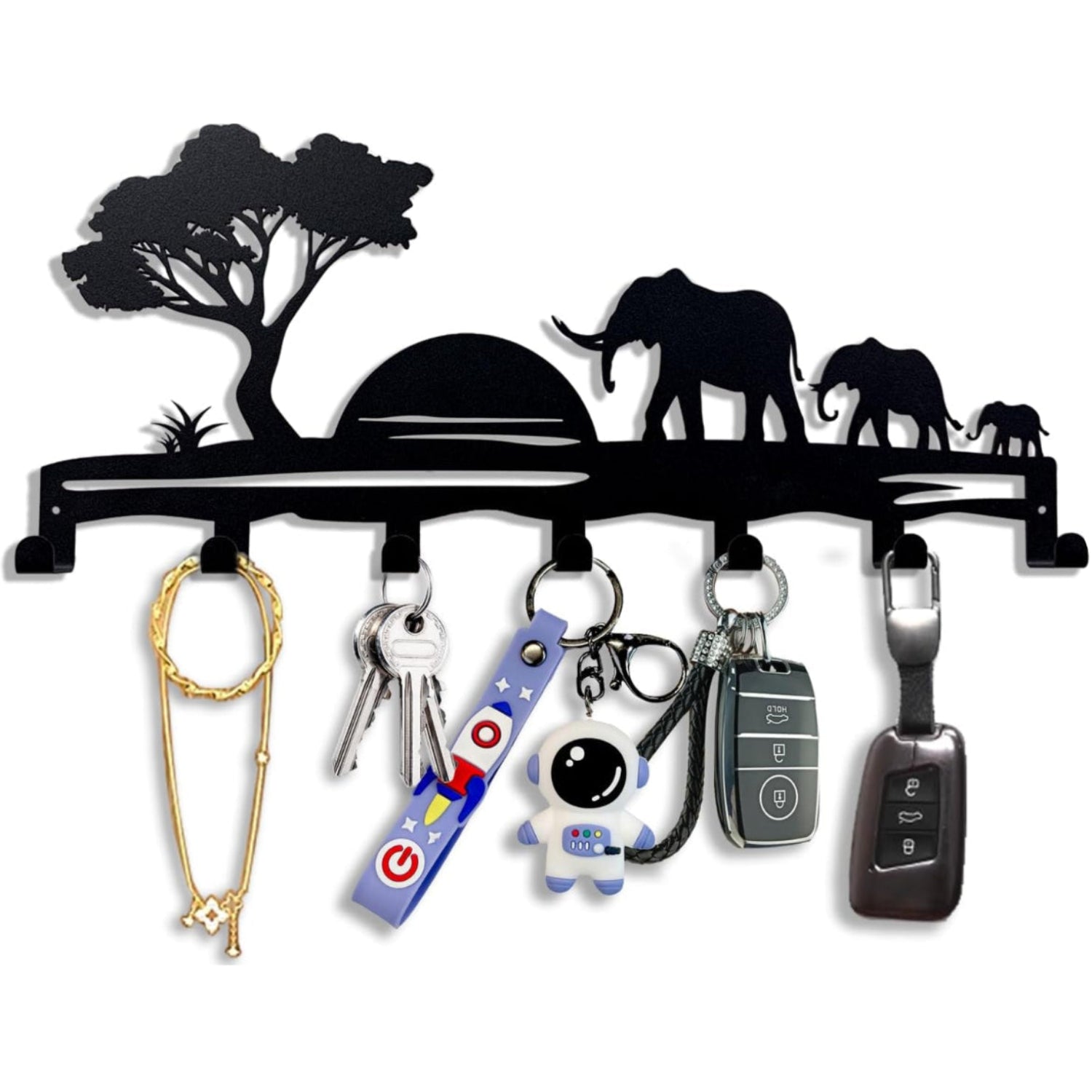 Elephant Family Metal Key Hook Rack - African Savannah Sunset Wall Decor