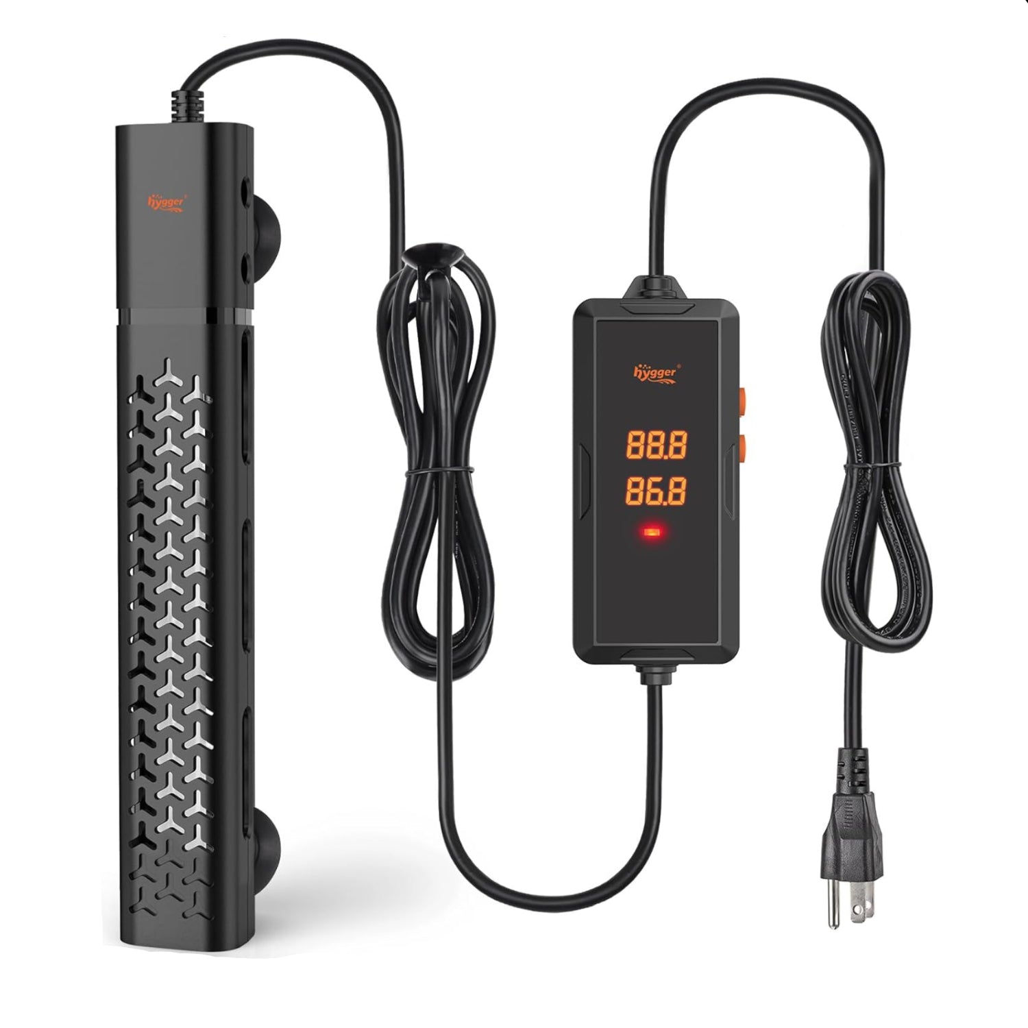 hygger 200W submersible aquarium heater with digital thermostat for fish tanks, showing the heater submerged in water.