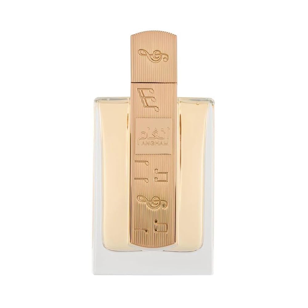 Lattafa Angham Eau de Parfum bottle featuring citrus, lavender, musk, amber, and vanilla notes in a sleek design.