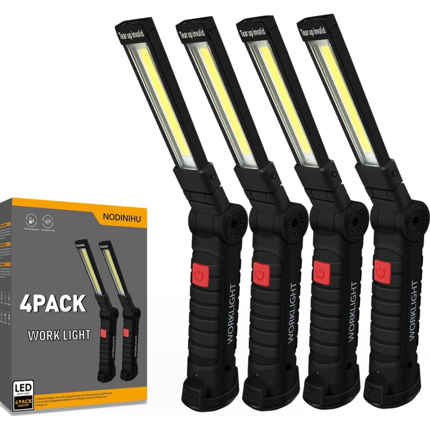 Four black work lights with red switches and a Nodinihu packaging box in the background.