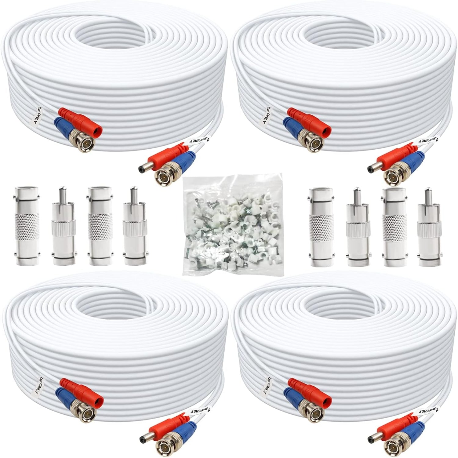 A 4-pack of 100ft BNC video power cables for CCTV security cameras, branded Aimyzii, showing the cable coils and connectors.