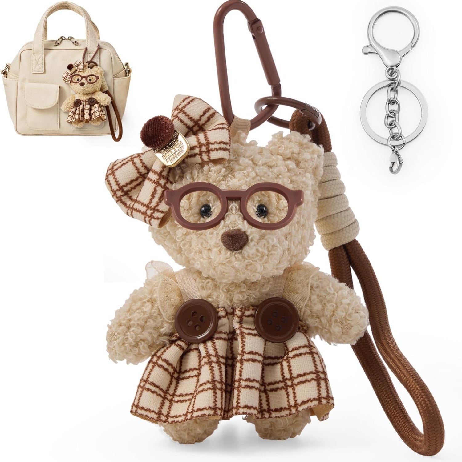 Teddy bear keychain with plaid outfit, glasses, and brown strap on a white background