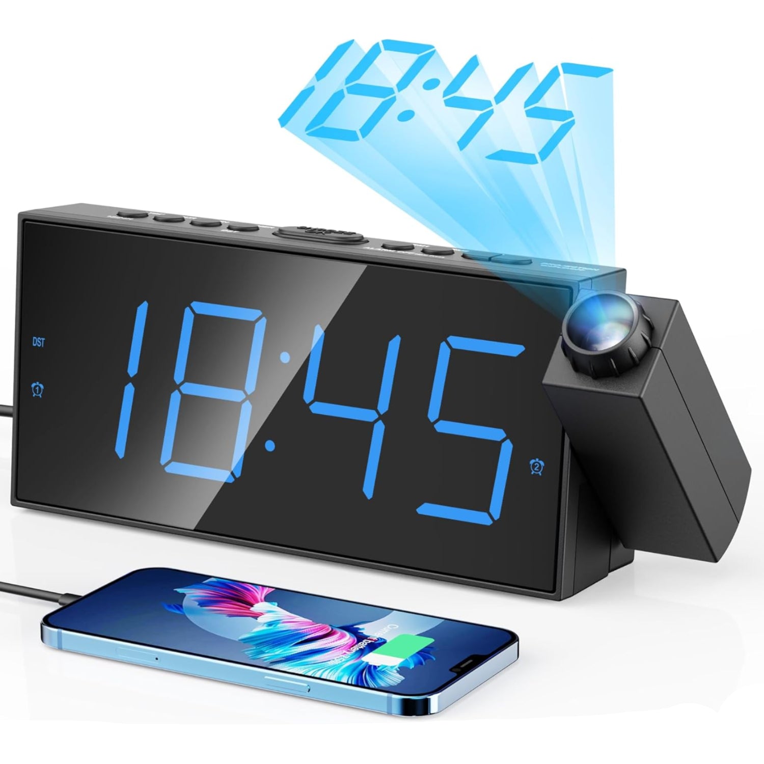 Mesqool digital projection alarm clock with large LED display and 180° rotatable projector for bedroom use.