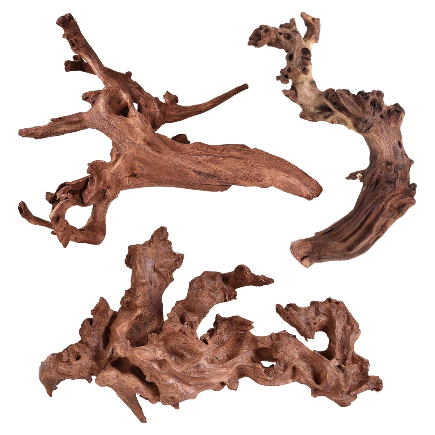 Three pieces of brown driftwood on a white background