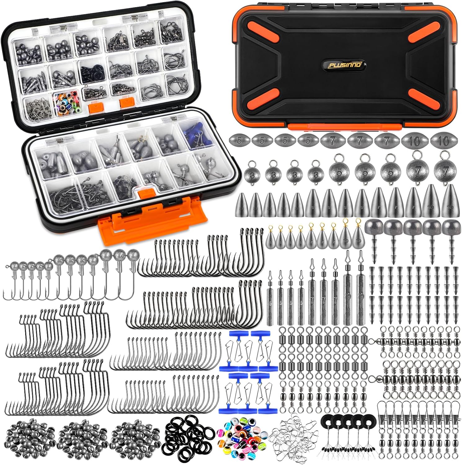 PLUSINNO fishing accessories kit with organized tackle box, including 264/397 fishing tackle items for freshwater or saltwater fishing.