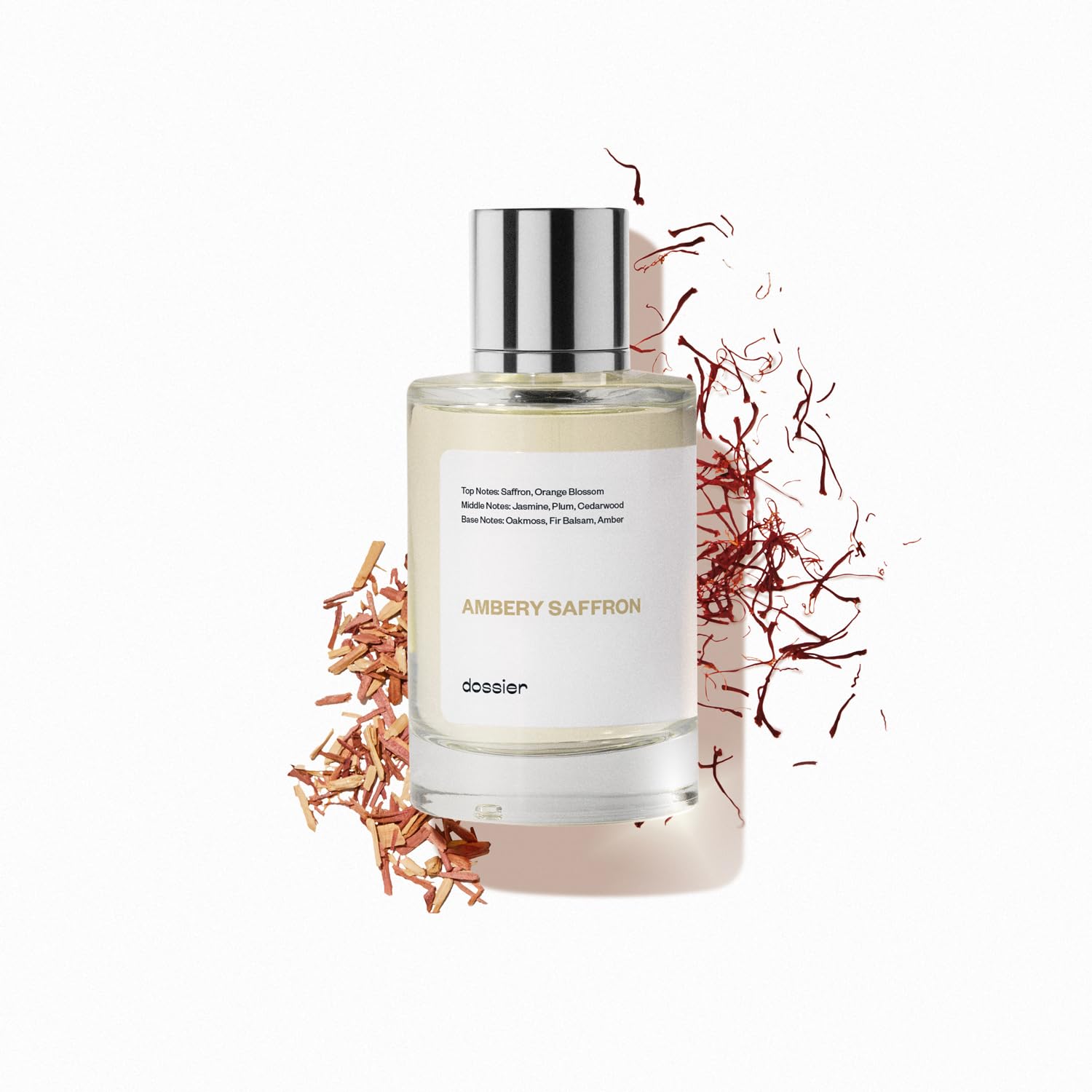 Dossier Ambery Saffron Eau de Parfum bottle with amber and saffron fragrance notes, vegan formula, inspired by MFK Baccarat Rouge 540.