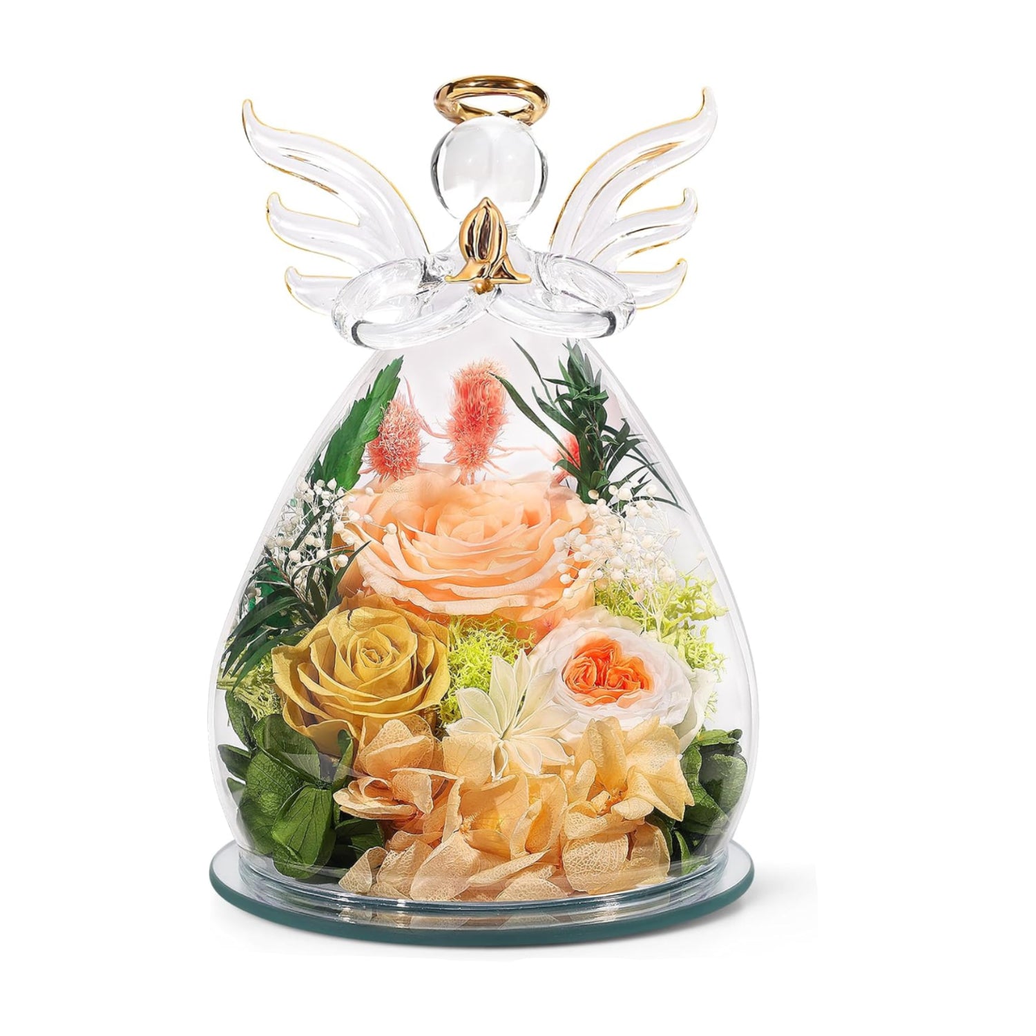 Decorative angel figurine with a glass dome containing flowers on a white background