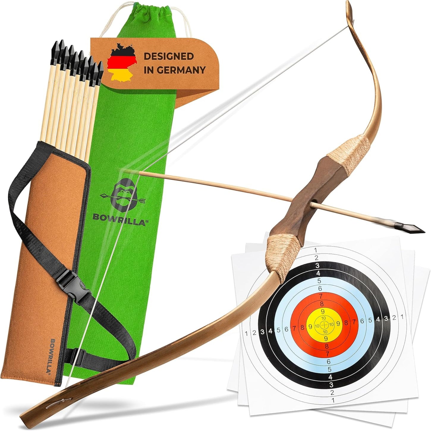 BOWRILLA® Wooden Bow and Arrow for Kids with 10 Arrows, Quiver