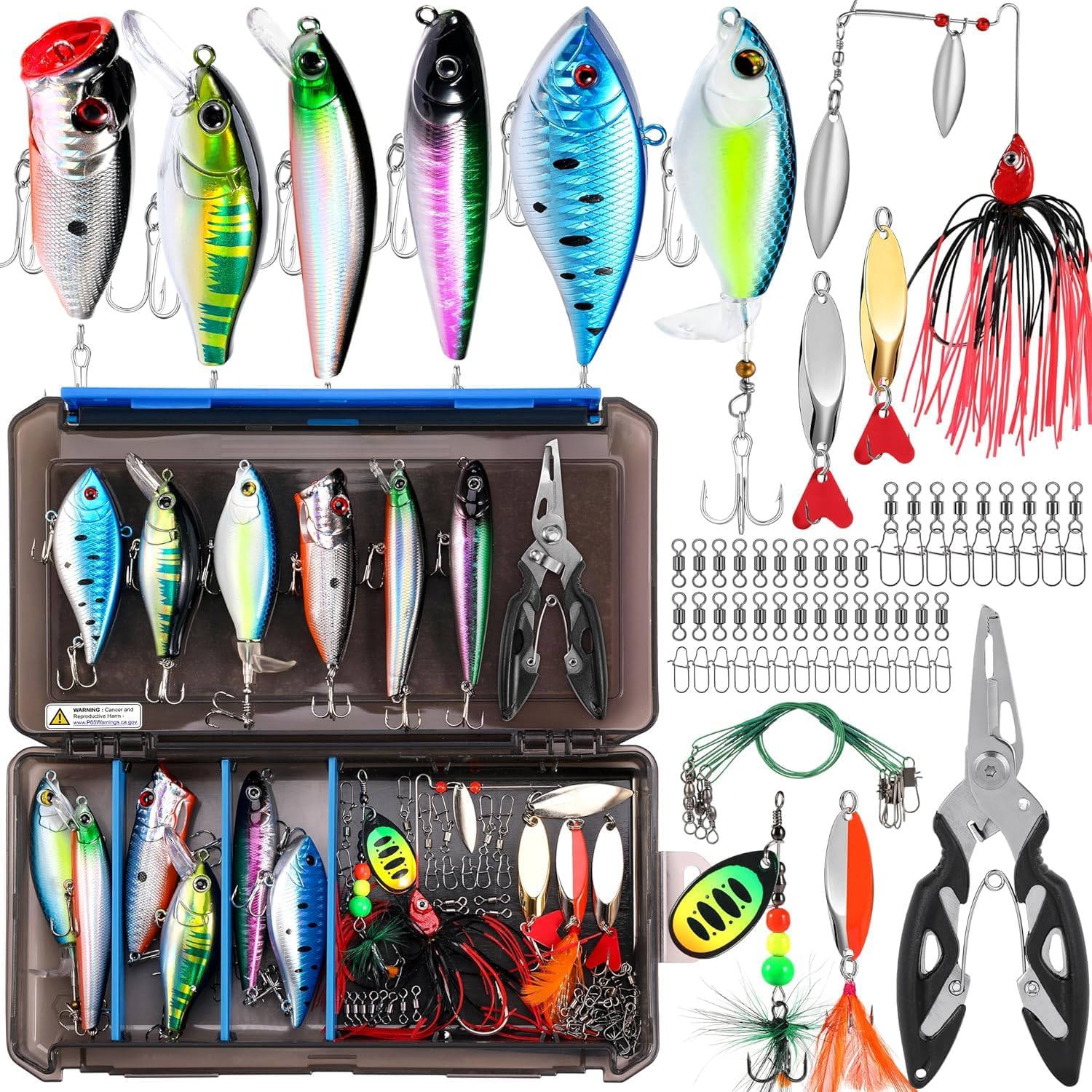 PLUSINNO fishing tackle box with multiple lures for bass and trout fishing, organized compartments, and fishing gift packaging.