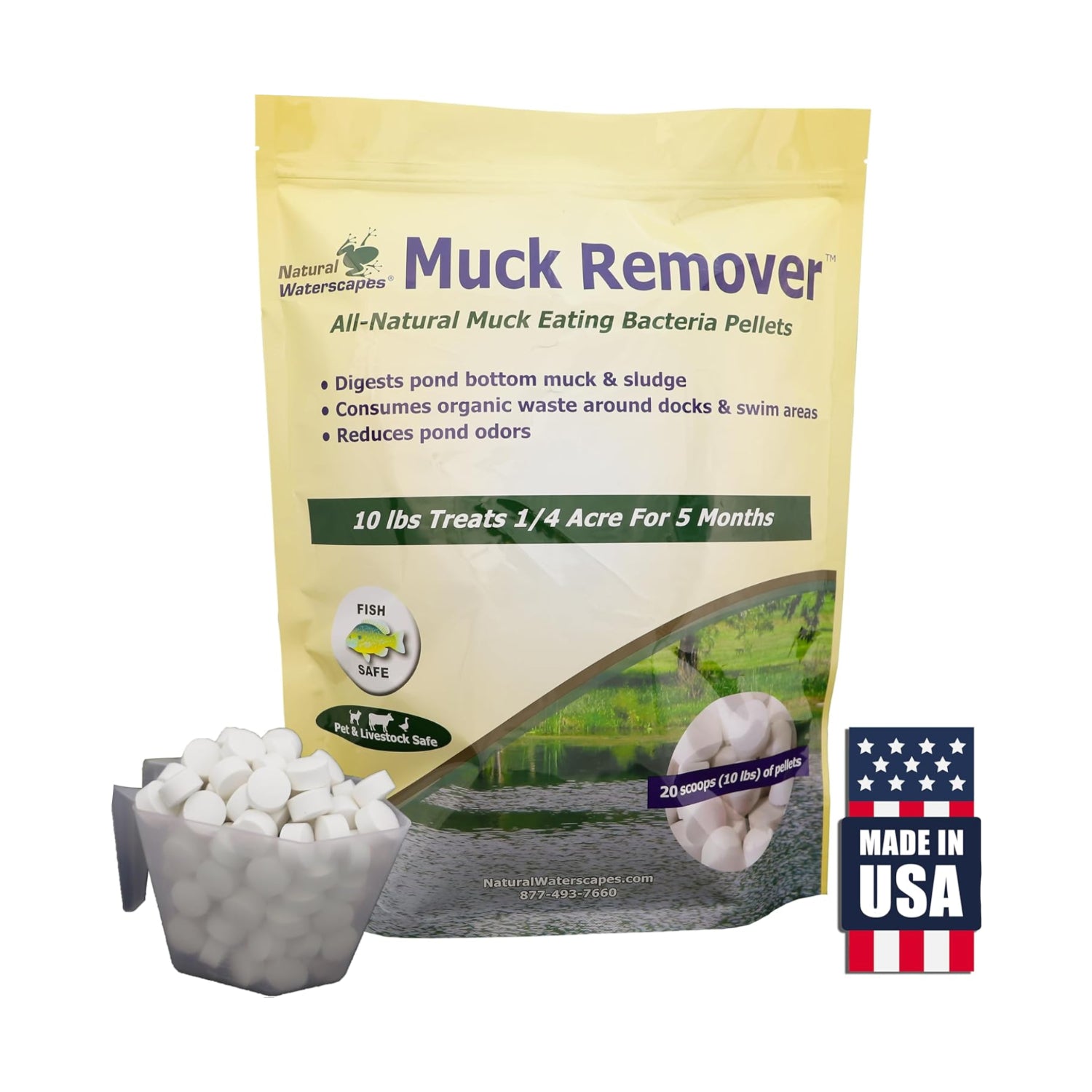 Natural Waterscapes Muck Remover Pellets 10 lb pond tablets for treating pond sludge on 2.5 acres, visible pellets in the container.
