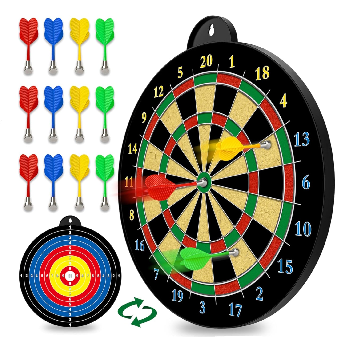 CUKU magnetic dart board with 12pcs safety darts, ideal for indoor game and party fun, featuring colorful dart target and scoring areas.