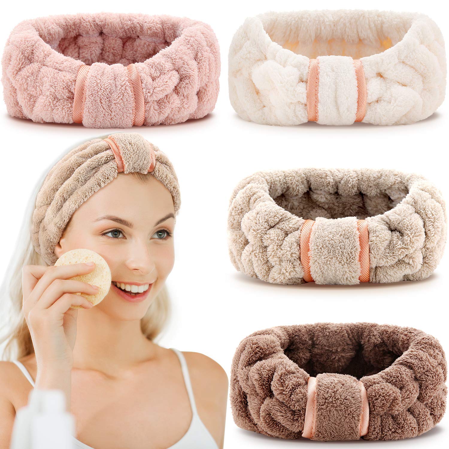 Set of four towel rings in different colors with a woman using one of them.