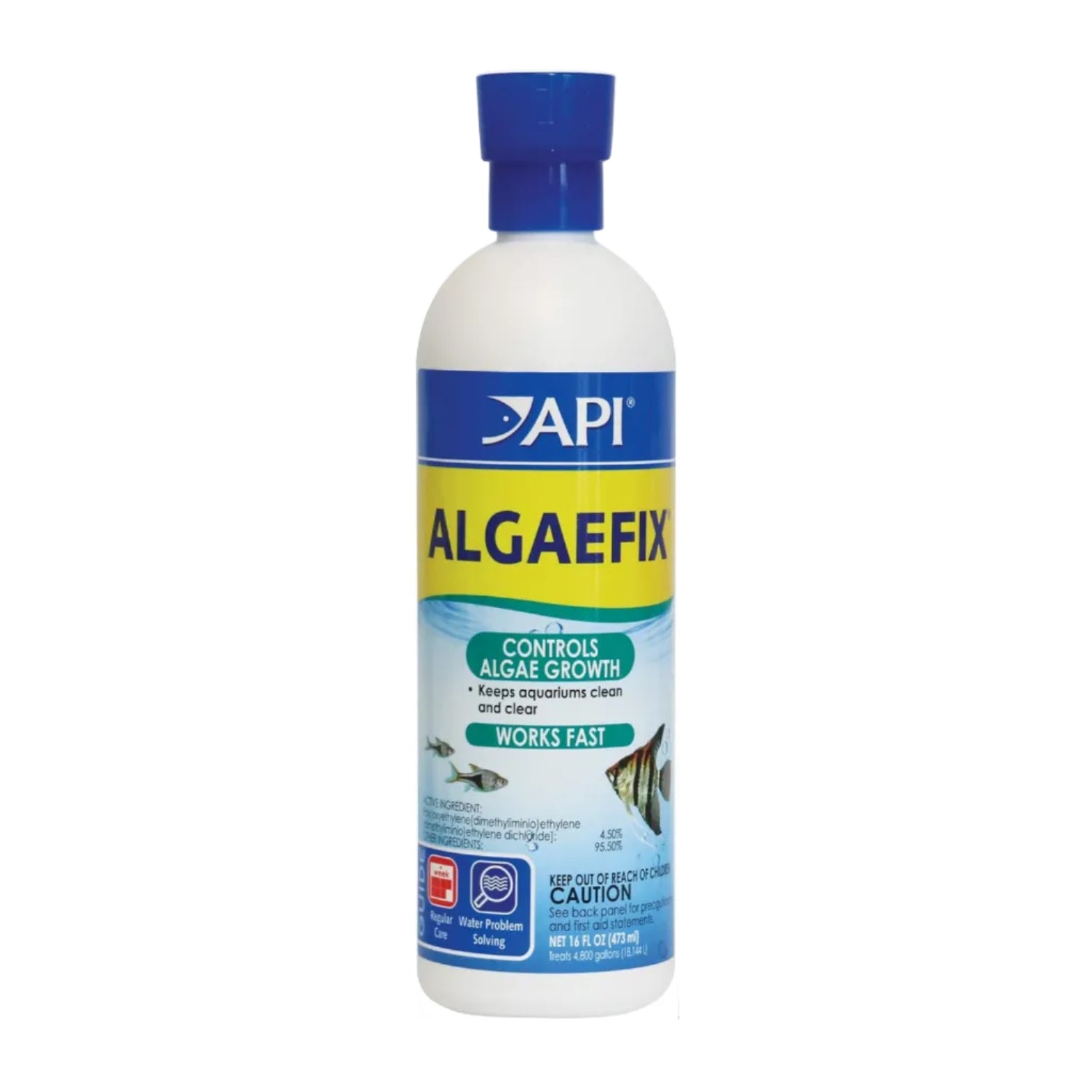 API ALGAEFIX algae control bottle with 16-ounce label, designed for aquarium algae treatment and water clarity.